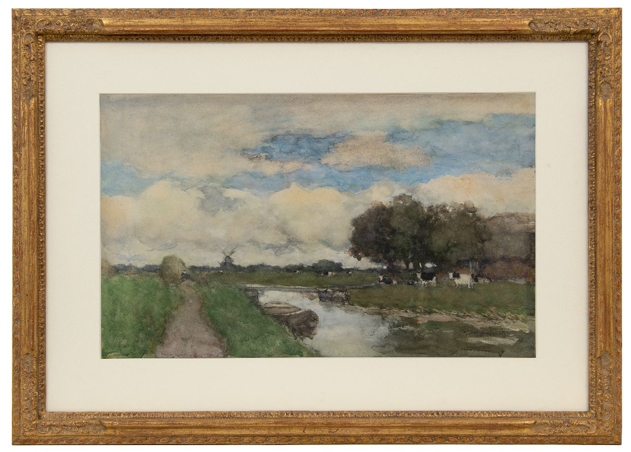Weissenbruch H.J.  | Hendrik Johannes 'J.H.' Weissenbruch | Watercolours and drawings offered for sale | Cows in a polder landscape, watercolour on paper 38.0 x 61.5 cm, signed l.r.