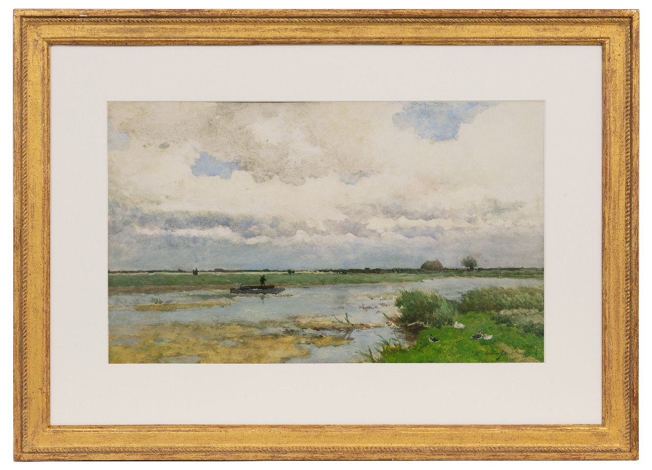 Weissenbruch H.J. | Hendrik Johannes 'J.H.' Weissenbruch | Watercolours and drawings offered for sale | Lake view with a barge, watercolour on paper 32.5 x 54.0 cm, signed l.r. Weissenbruch H.J. | Hendrik Johannes 'J.H.' Weissenbruch | Watercolours and drawings offered for sale | Lake view with a barge, watercolour on paper 32.5 x 54.0 cm, signed l.r.