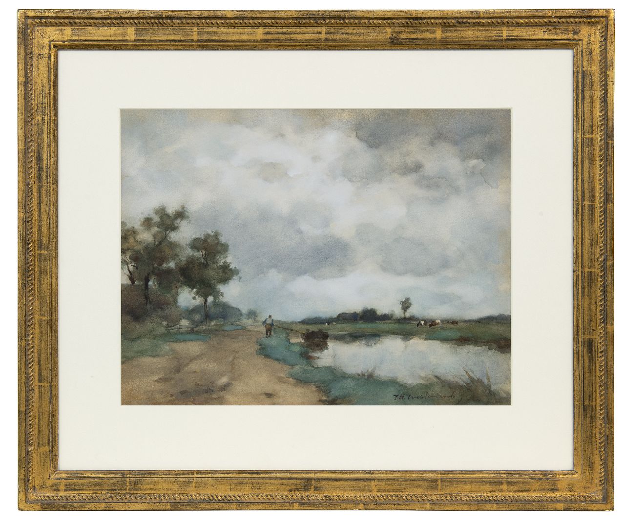 Weissenbruch H.J.  | Hendrik Johannes 'J.H.' Weissenbruch | Watercolours and drawings offered for sale | Landscape with farmer and tug-boat, watercolour on paper 34.0 x 45.0 cm, signed l.r.