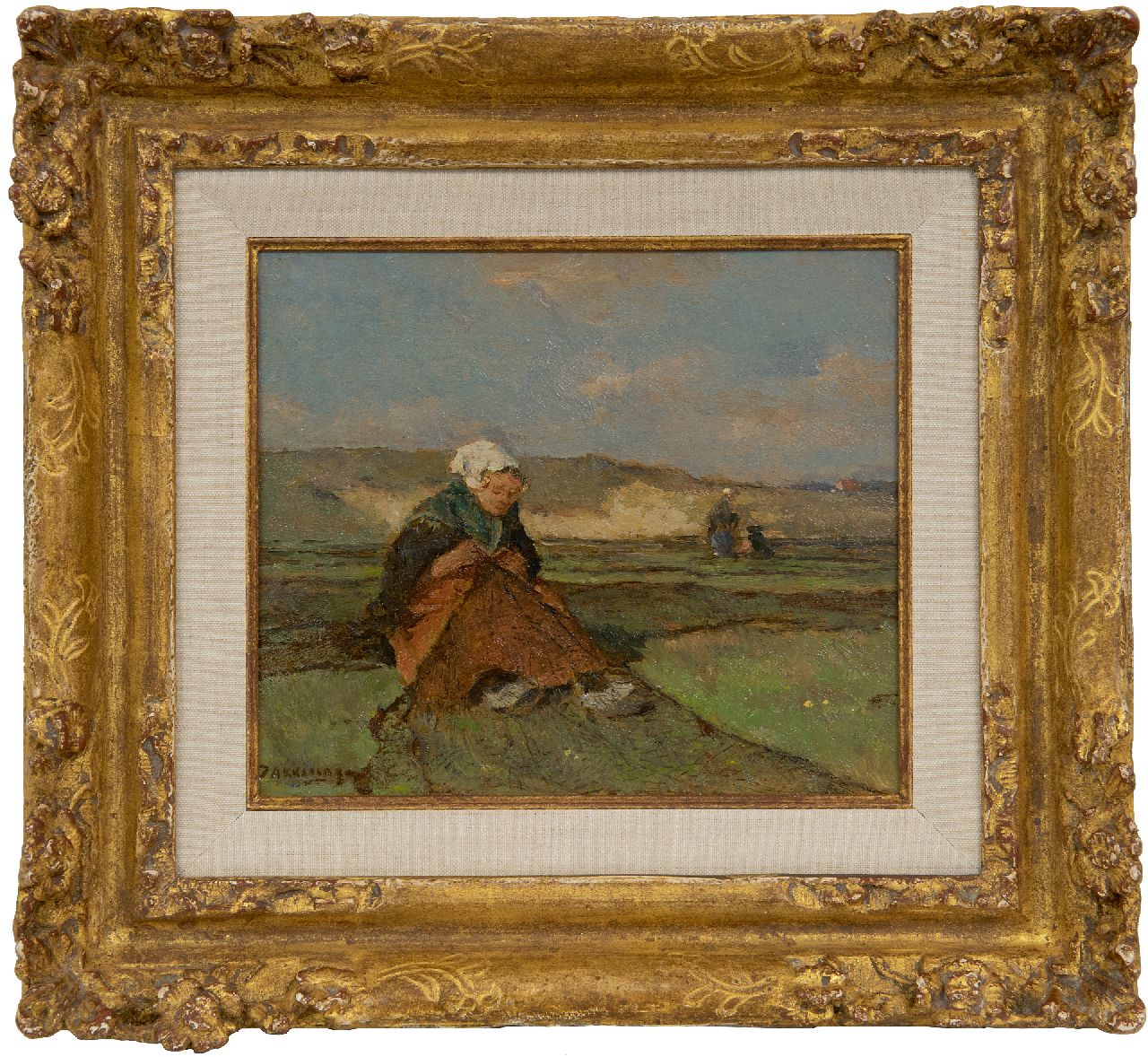 Akkeringa J.E.H.  | 'Johannes Evert' Hendrik Akkeringa | Paintings offered for sale | Mending fishing nets in the dunes, oil on panel 14.5 x 17.1 cm, signed l.l.