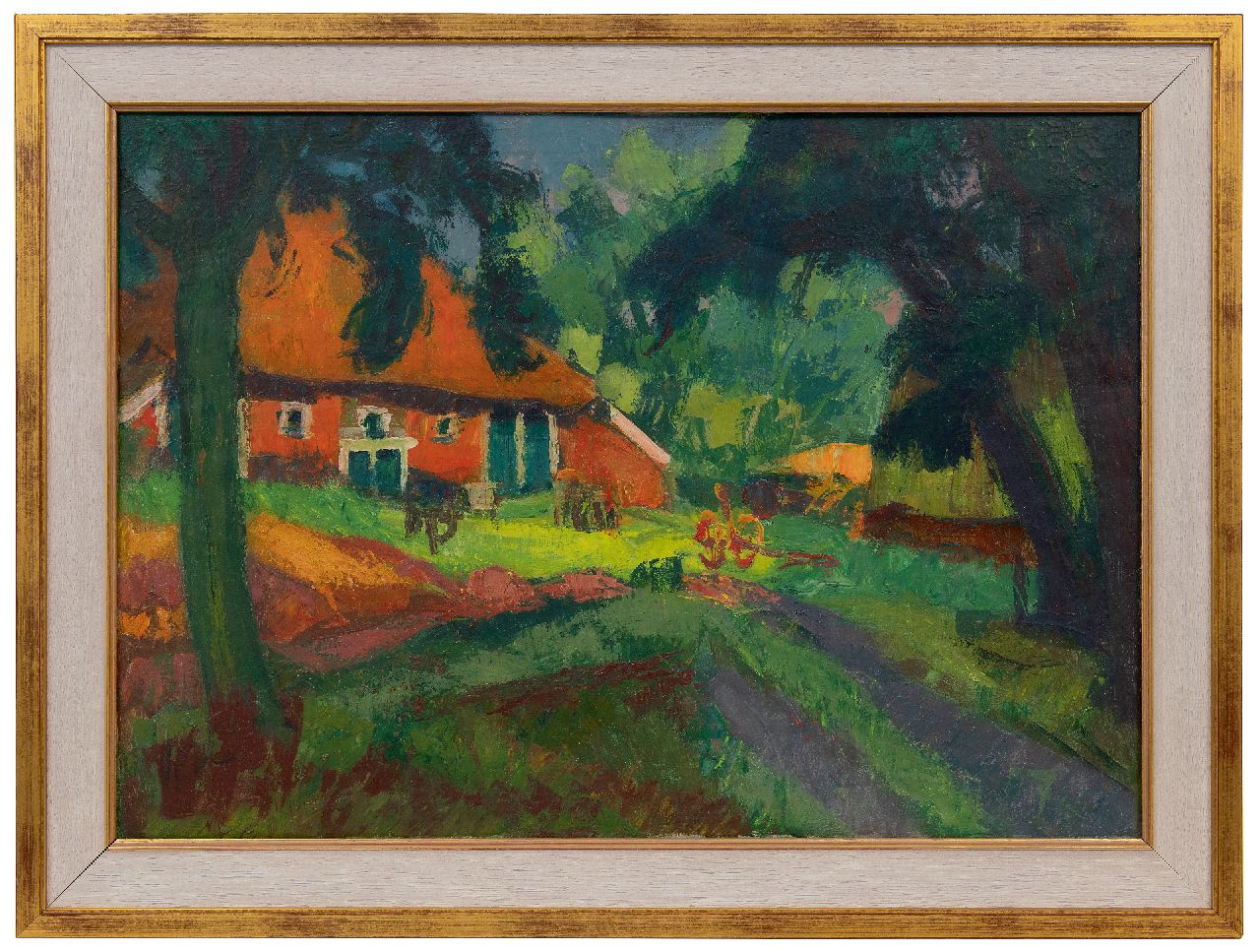 Vries J. de | Jannes de Vries | Paintings offered for sale | Farm at Westerwolde; Verso: View of the river Waal, wax paint on canvas 50.1 x 69.4 cm, signed on the reverse and executed ca. 1960