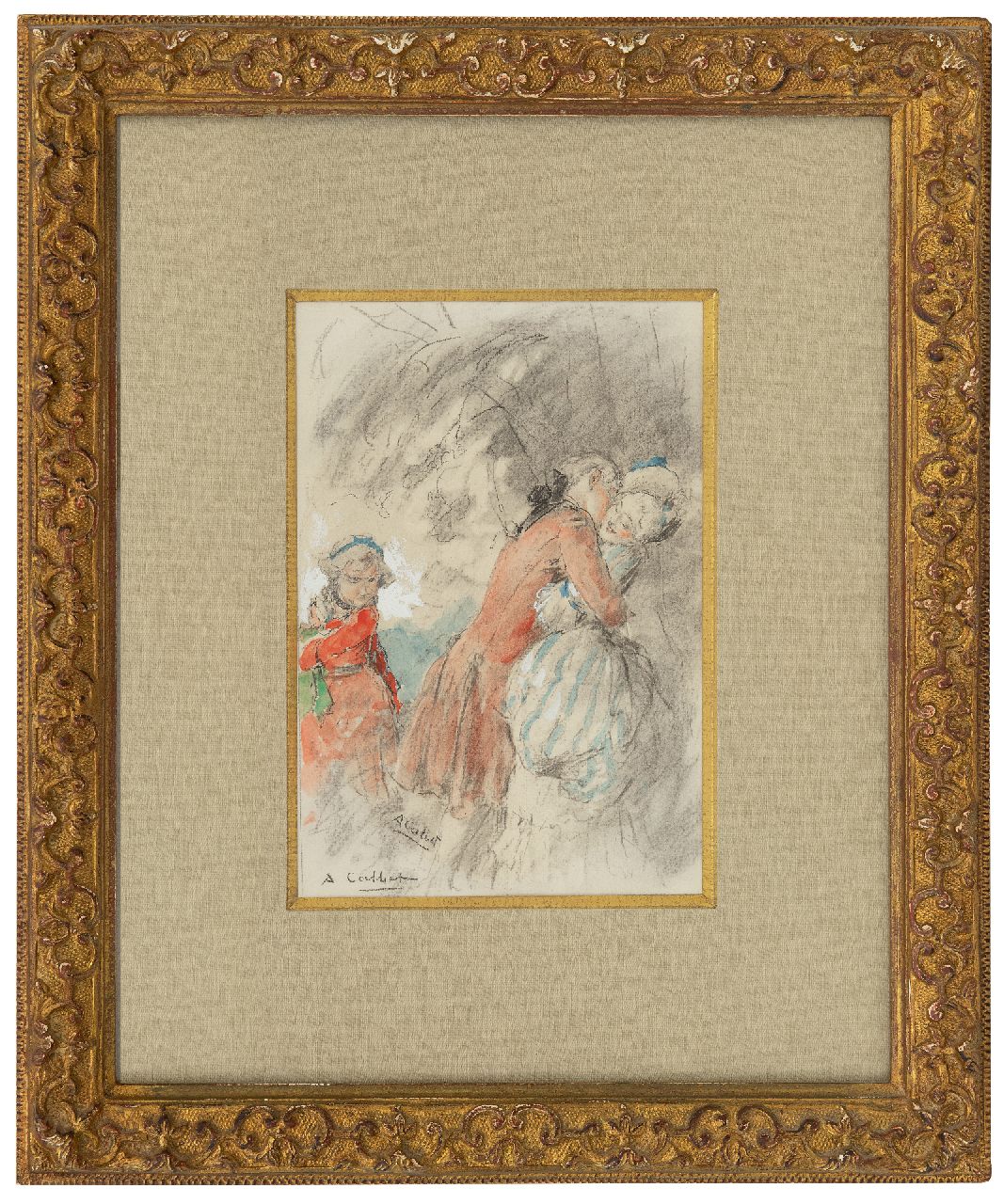 Calbet A.  | Antoine Calbet, The stolen kiss, chalk and watercolour on paper 20.0 x 14.0 cm, signed l.l.