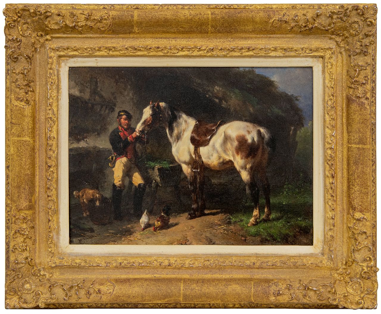 Verschuur W.  | Wouterus Verschuur | Paintings offered for sale | Postilion with his horse, oil on panel 19.5 x 26.1 cm, signed l.l.