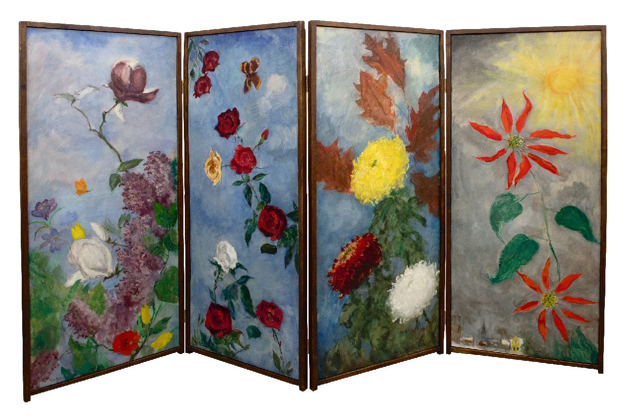 Wijngaerdt P.T. van | Petrus Theodorus 'Piet' van Wijngaerdt | Paintings offered for sale | 4-piece room divider: the four seasons, oil on canvas 145.0 x 61.2 cm, signed l.l., l.r. and l.m. and total measurements: 145 x 245 cm