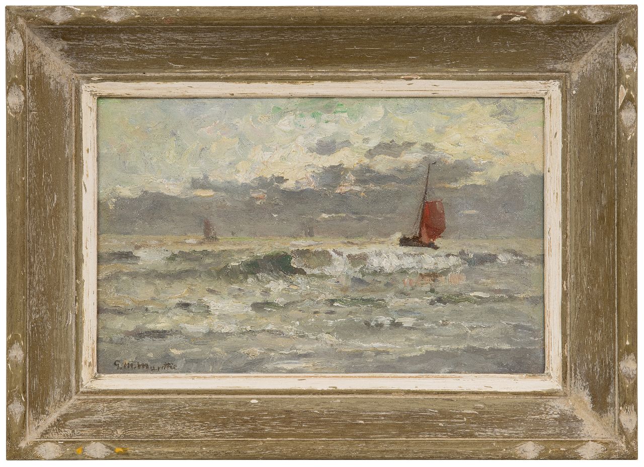 Munthe G.A.L.  | Gerhard Arij Ludwig 'Morgenstjerne' Munthe | Paintings offered for sale | Arriving fishing barges, Katwijk, oil on canvas laid down on panel 22.9 x 35.8 cm, signed l.l.