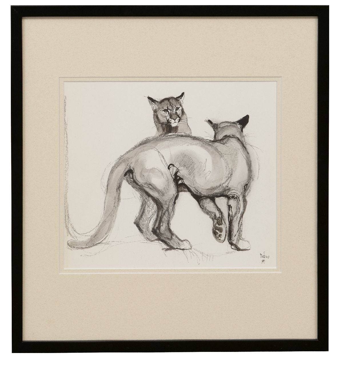 Poortvliet R.  | Rien Poortvliet, Playing panthers, chalk and Indian ink on paper 21.0 x 23.5 cm, signed l.r.