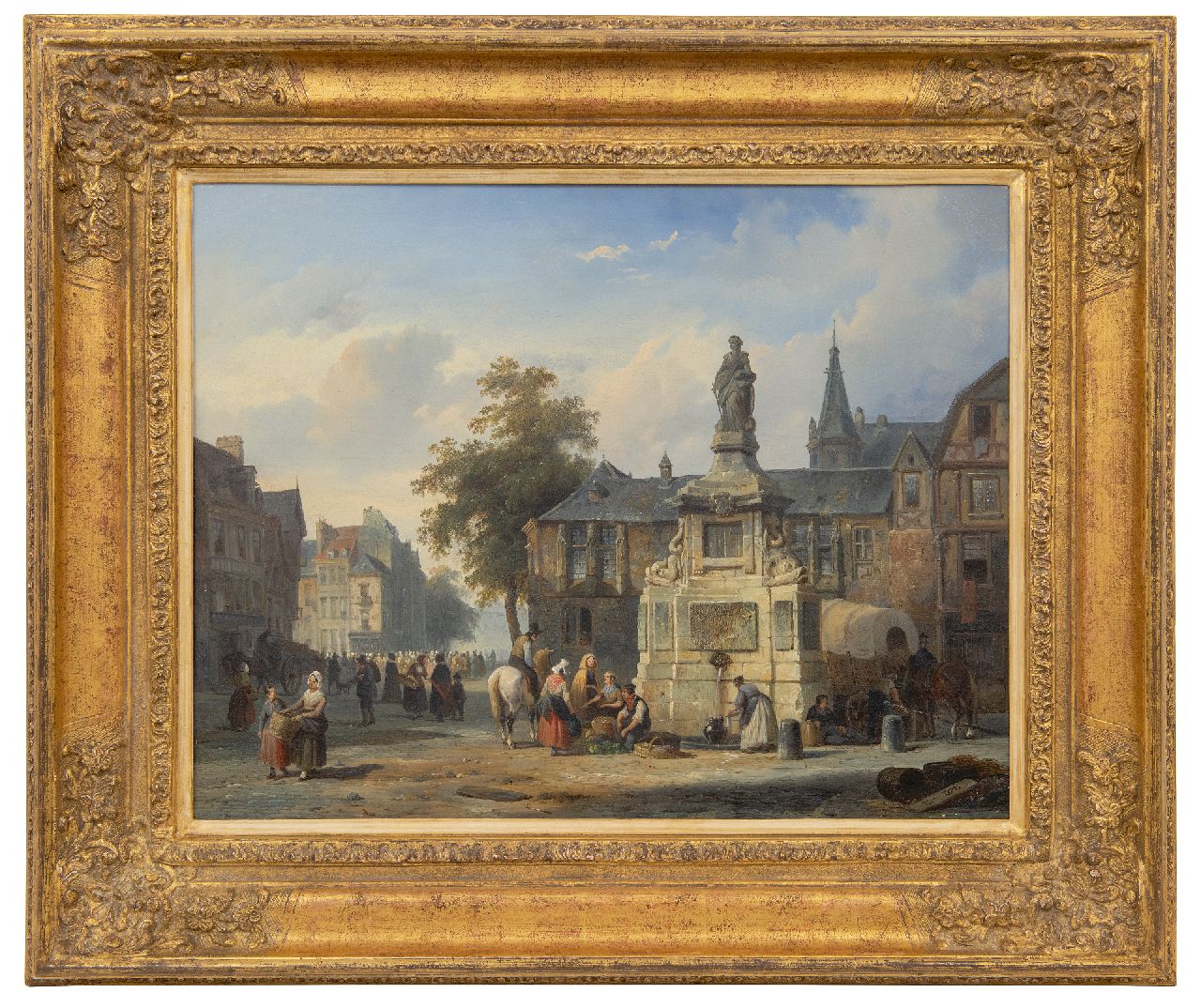 Springer C.  | Cornelis Springer | Paintings offered for sale | A view of the water pump with statue of Jeanne d'Arc at the Place de la Pucelle, Rouen, oil on canvas 41.6 x 53.6 cm, signed l.r. with monogram and dated '45