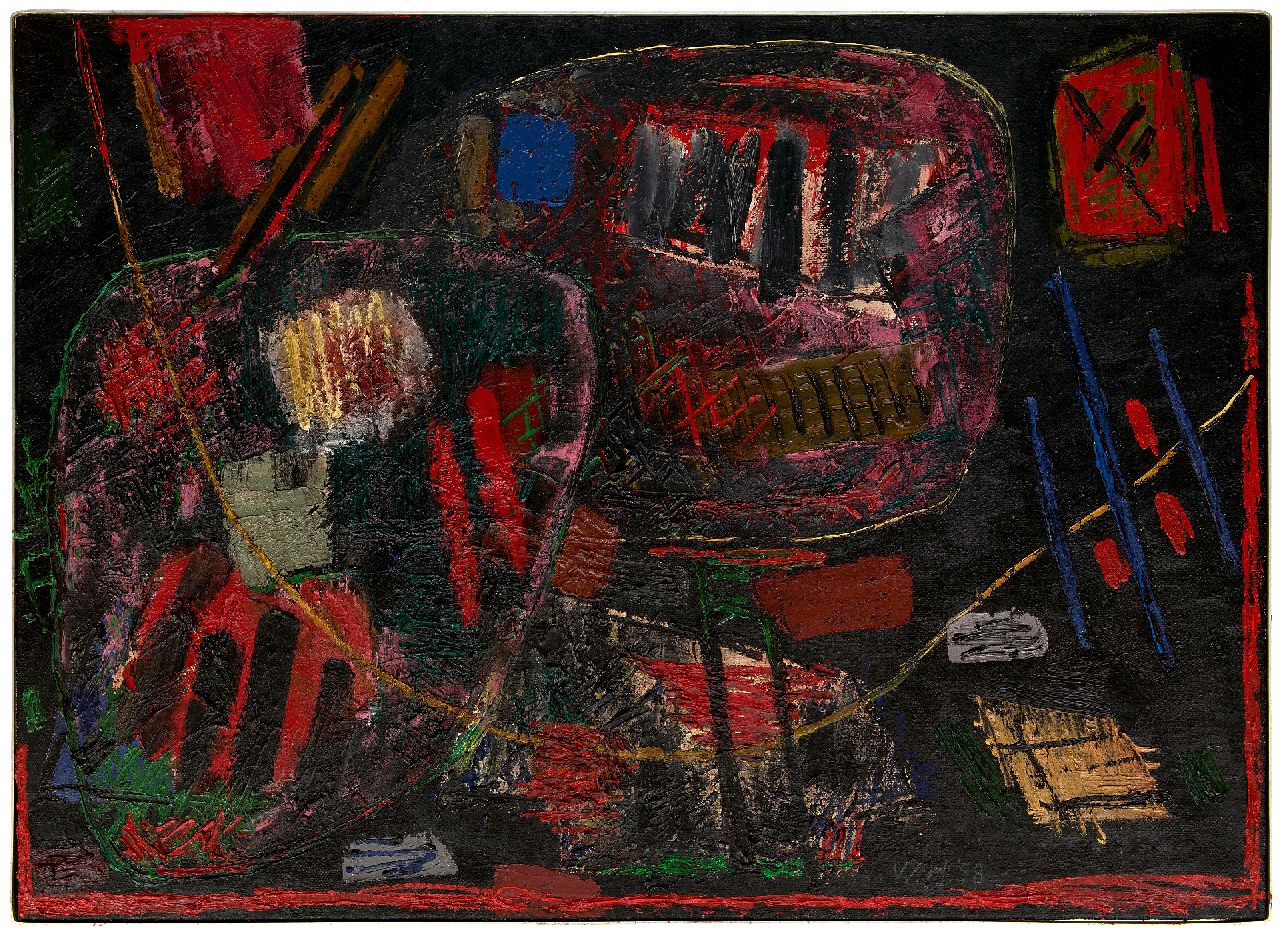 Hussem W.F.K.  | 'Willem' Frans Karel Hussem | Paintings offered for sale | Untitled, oil on burlap 95.1 x 130.0 cm, signed l.r. with initials and dated '58