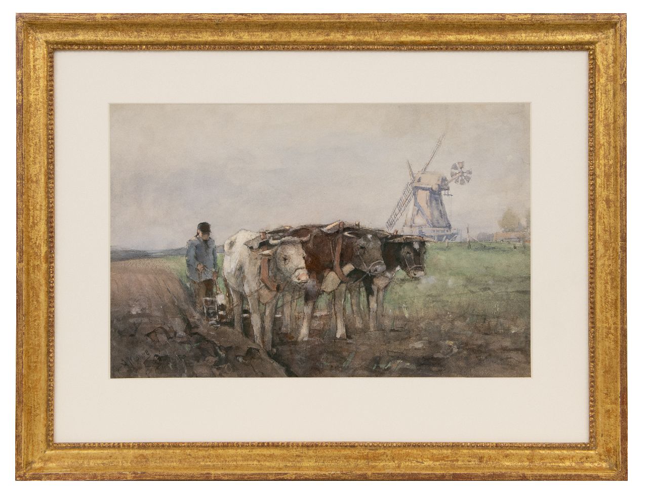 Mauve A.  | Anthonij 'Anton' Mauve | Watercolours and drawings offered for sale | Ploughing farmer with his oxen, watercolour and gouache on paper 26.0 x 40.0 cm, signed l.l.