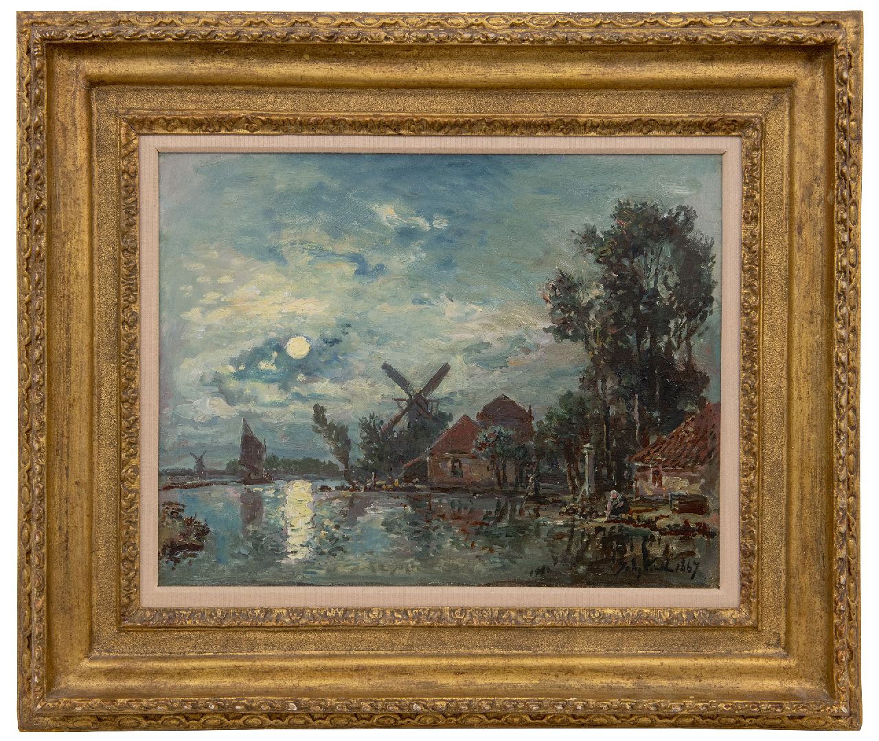 Jongkind J.B.  | Johan Barthold Jongkind | Paintings offered for sale | Moonlight effect on the estuary, Holland, oil on canvas 33.6 x 43.3 cm, signed l.r. and dated 1867