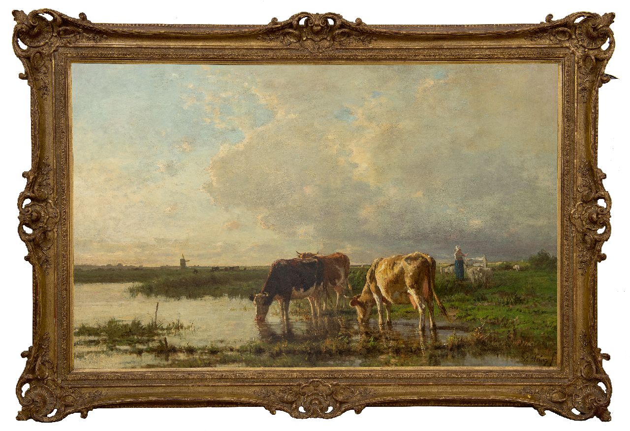 Mauve A.  | Anthonij 'Anton' Mauve, Drinking cattle by the river, oil on canvas 84.8 x 134.8 cm, signed l.r. and 1868-1870