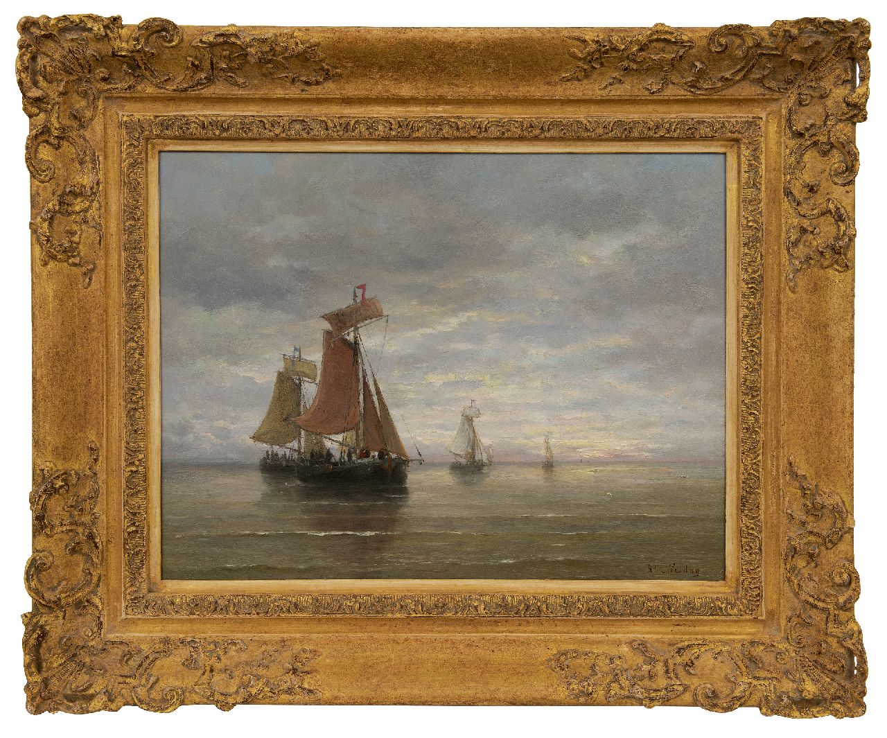 Mesdag H.W.  | Hendrik Willem Mesdag, Fishing ships in a calm, oil on panel 39.5 x 51.0 cm, signed l.r.
