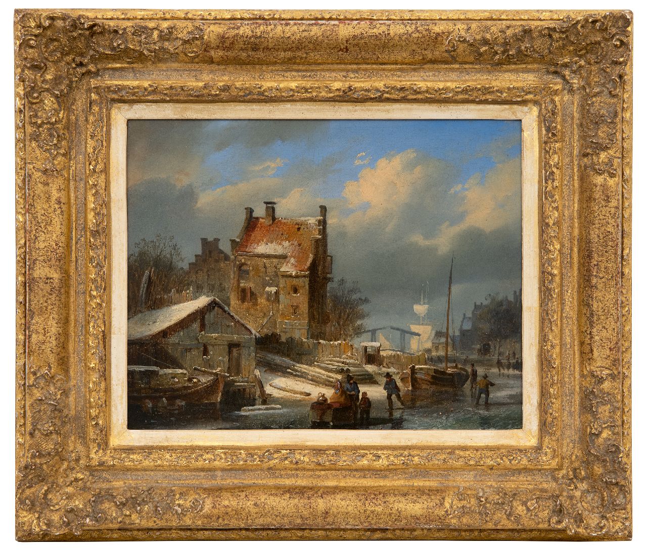 Springer C.  | Cornelis Springer | Paintings offered for sale | Village in winter with ice skaters and a drawbridge in the distance, oil on panel 19.0 x 24.0 cm, signed l.c. with monogram (on the sled) and dated '44