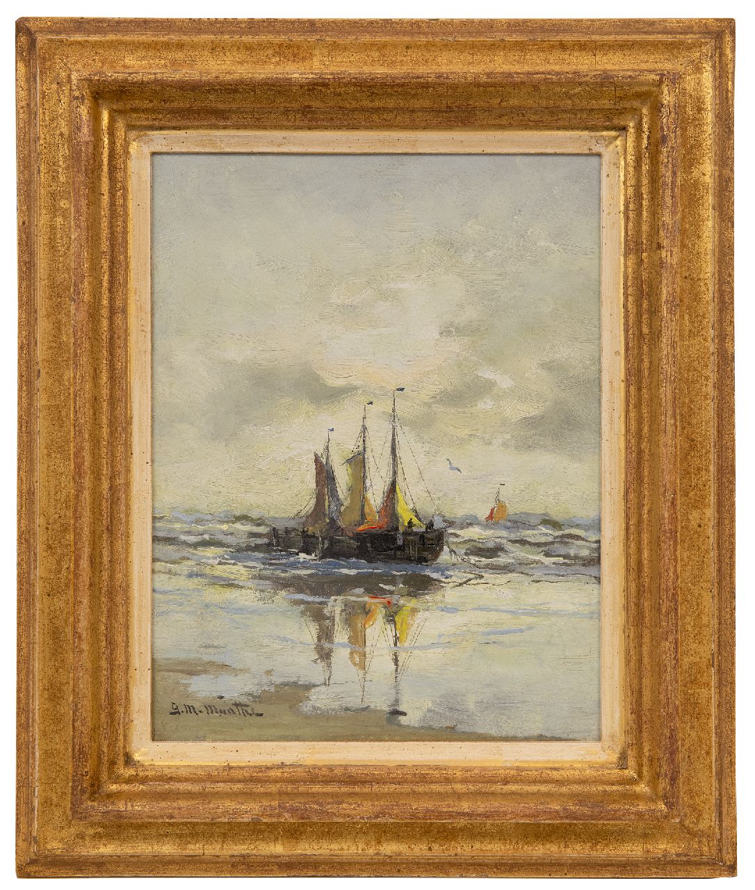 Munthe G.A.L.  | Gerhard Arij Ludwig 'Morgenstjerne' Munthe | Paintings offered for sale | Three fishing ships in the surf, oil on panel 24.5 x 18.7 cm, signed l.l.