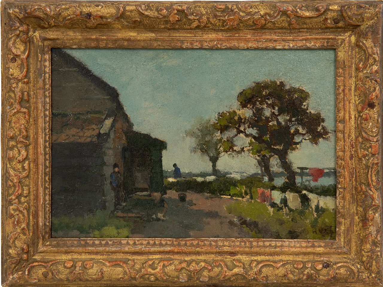 Weissenbruch H.J.  | Hendrik Johannes 'J.H.' Weissenbruch | Paintings offered for sale | Washing day, oil on panel 16.1 x 23.6 cm, signed l.r. with initials