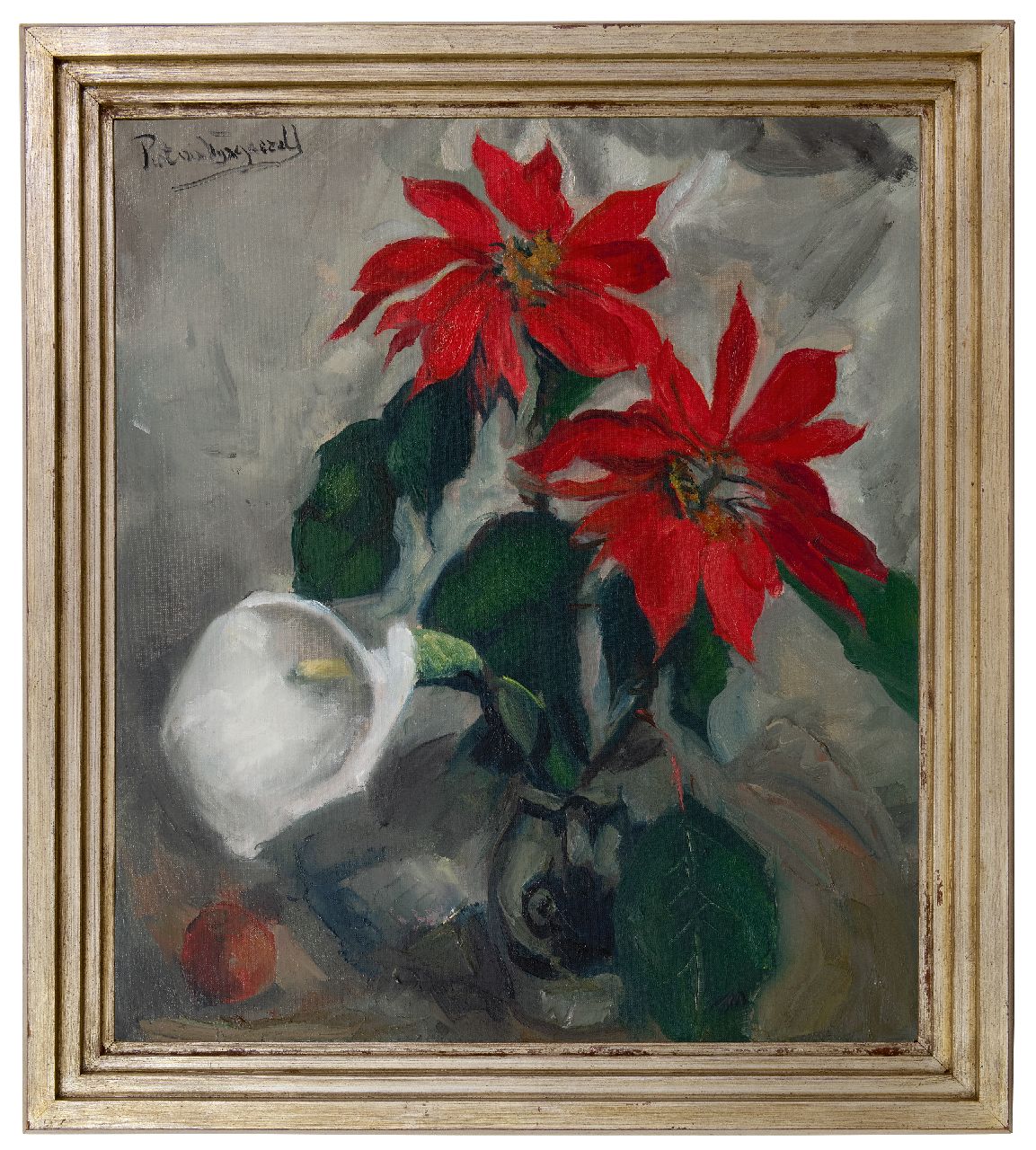 Wijngaerdt P.T. van | Petrus Theodorus 'Piet' van Wijngaerdt | Paintings offered for sale | Poinsettias with Calla Lilies., oil on canvas 78.0 x 68.2 cm, signed u.l.