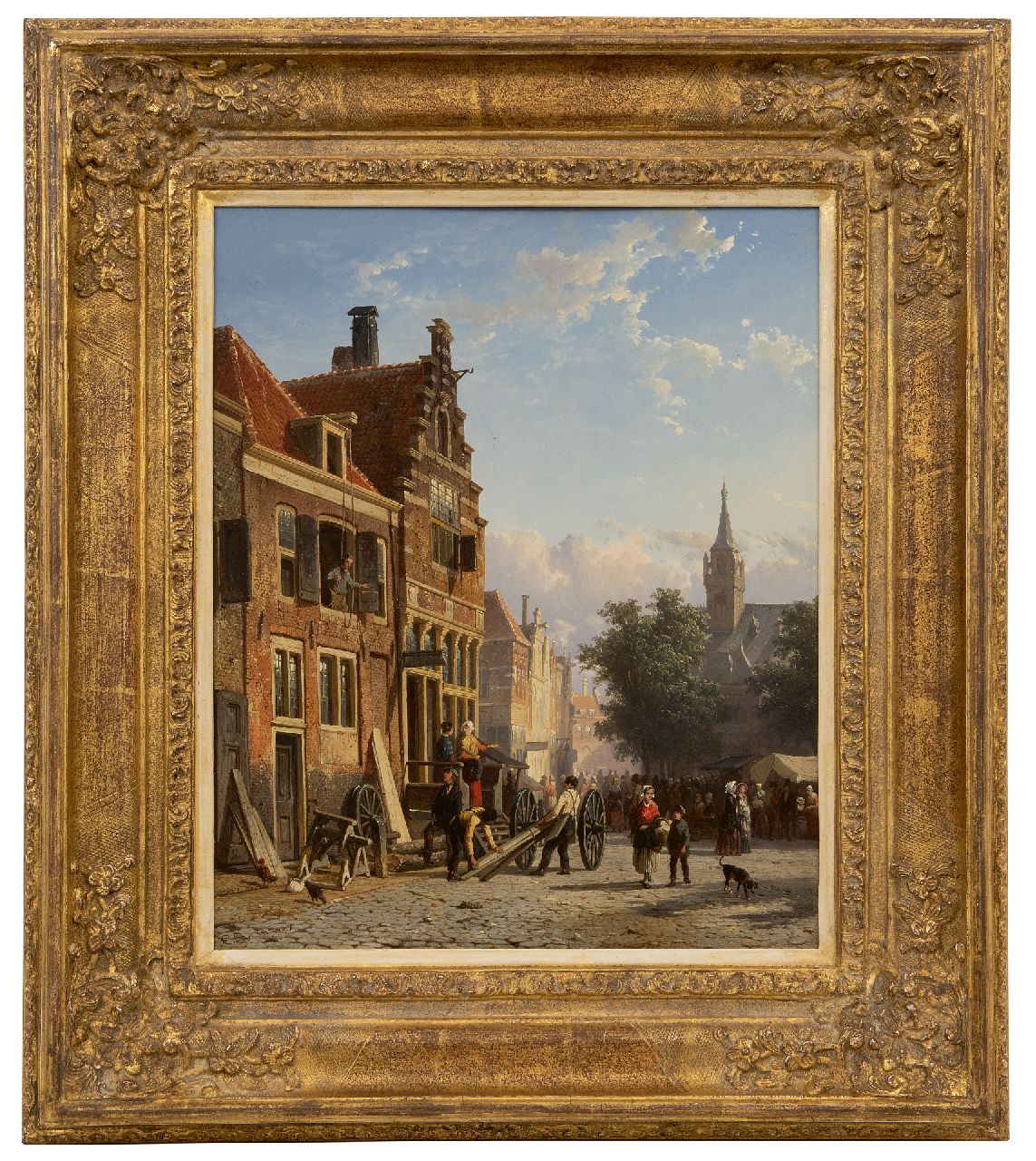 Springer C.  | Cornelis Springer, Renovation of an old Dutch building on a market place, oil on panel 42.0 x 34.5 cm, signed l.l. in full and with monogram and painted ca. 1852-1857