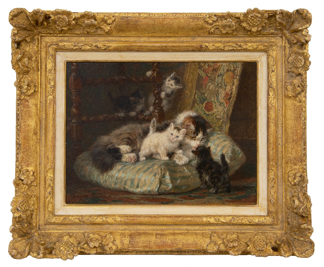Ronner-Knip H.  | Henriette Ronner-Knip | Paintings offered for sale | Mother cat with playing kittens on a silk cushion, oil on panel 24.5 x 32.6 cm, signed l.l.
