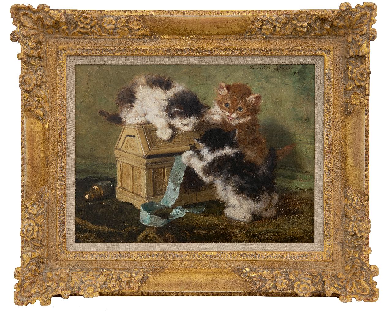 Ronner-Knip H. | Henriette Ronner-Knip | Paintings offered for sale | Three young kittens playing with a letterbox., oil on panel 18.7 x 24.5 cm, signed u.r. and dated '94 Ronner-Knip H. | Henriette Ronner-Knip | Paintings offered for sale | Three young kittens playing with a letterbox., oil on panel 18.7 x 24.5 cm, signed u.r. and dated '94