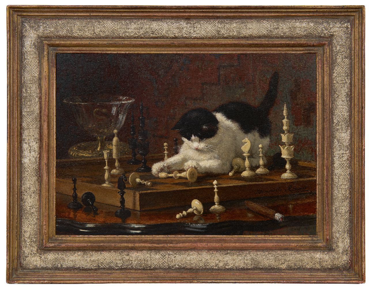 Ronner-Knip H.  | Henriette Ronner-Knip | Paintings offered for sale | Cat, playing with chess pieces in 'Selenus style', oil on panel 32.6 x 45.2 cm, signed l.r.
