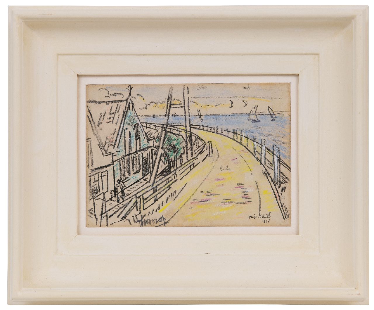 Toorop J.Th.  | Johannes Theodorus 'Jan' Toorop | Watercolours and drawings offered for sale | Oudeschild on the island Texel, coloured chalk on paper 13.0 x 18.0 cm, signed l.l. and dated 1917