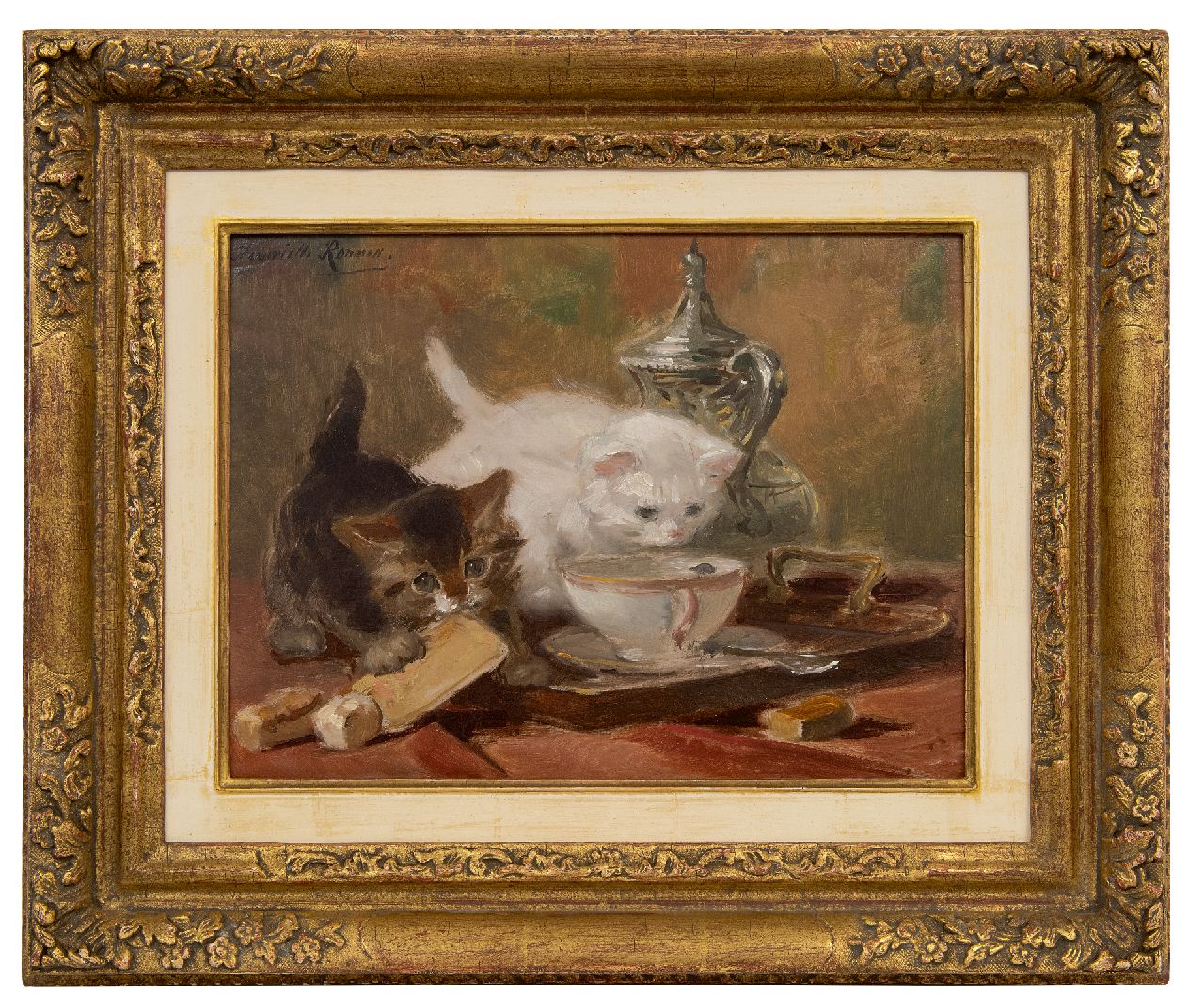 Ronner-Knip H.  | Henriette Ronner-Knip | Paintings offered for sale | Kittens playing on a tea table, oil on paper laid down on panel 23.8 x 32.1 cm, signed u.l.