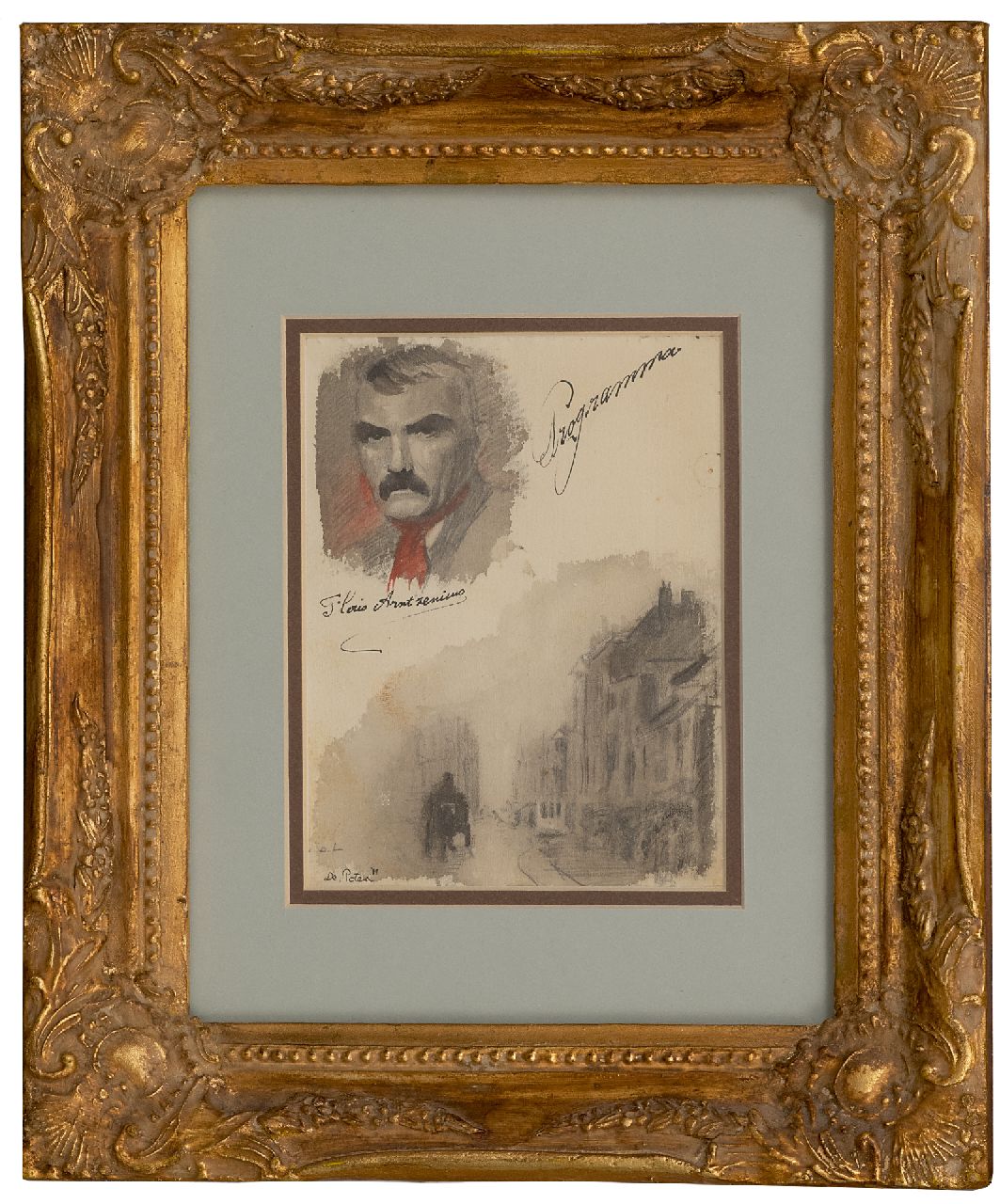 Arntzenius P.F.N.J.  | Pieter Florentius Nicolaas Jacobus 'Floris' Arntzenius, Sheet with a self-portrait and sketch of the street Lange Poten in The Hague, pencil, ink and watercolour on paper 15.7 x 12.4 cm, signed c.l.