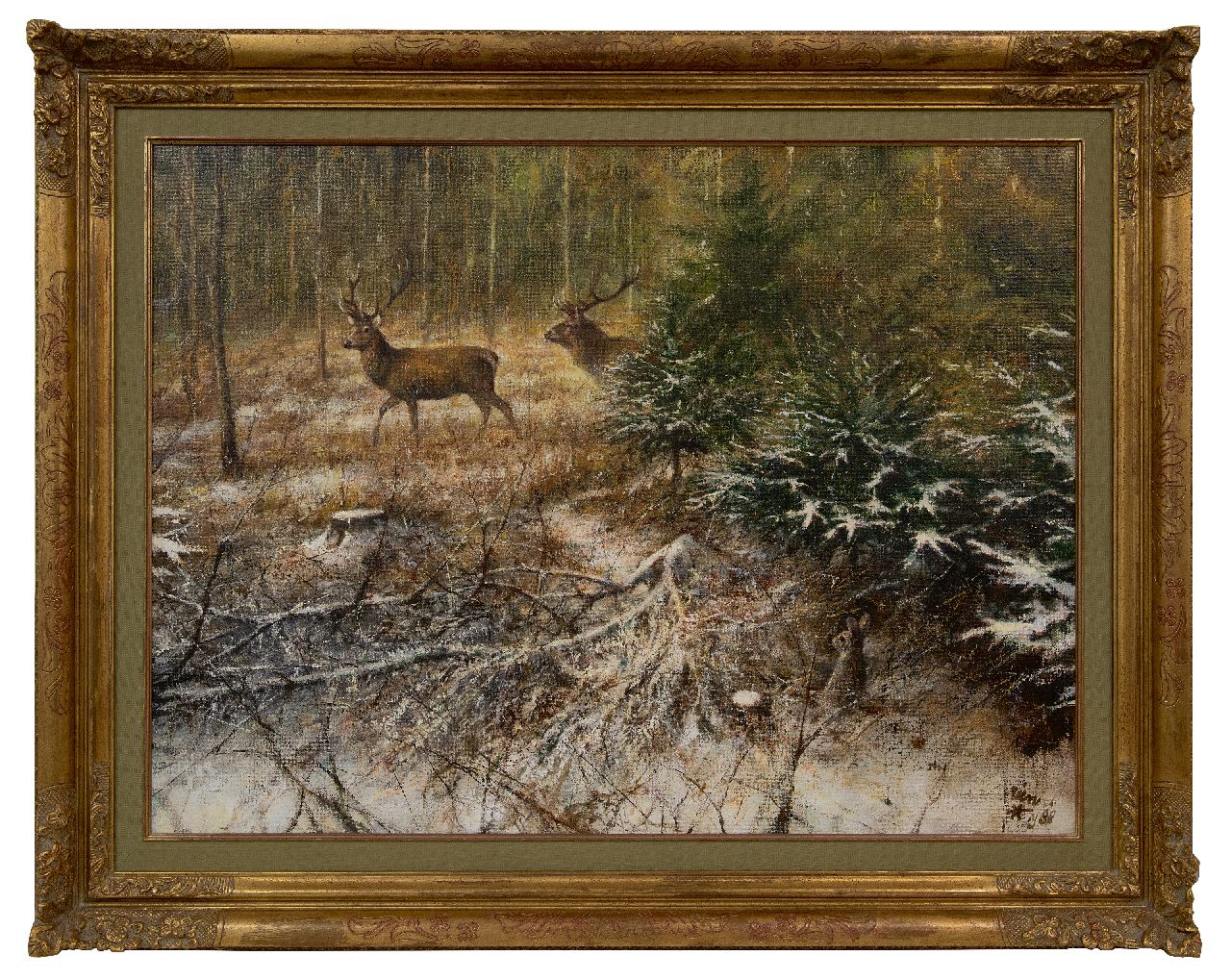 Poortvliet R. | Rien Poortvliet, Deer in a snowy forest landscape, oil on canvas 60.5 x 80.4 cm, signed l.r. and on stretcher and dated 1988 Poortvliet R. | Rien Poortvliet, Deer in a snowy forest landscape, oil on canvas 60.5 x 80.4 cm, signed l.r. and on stretcher and dated 1988