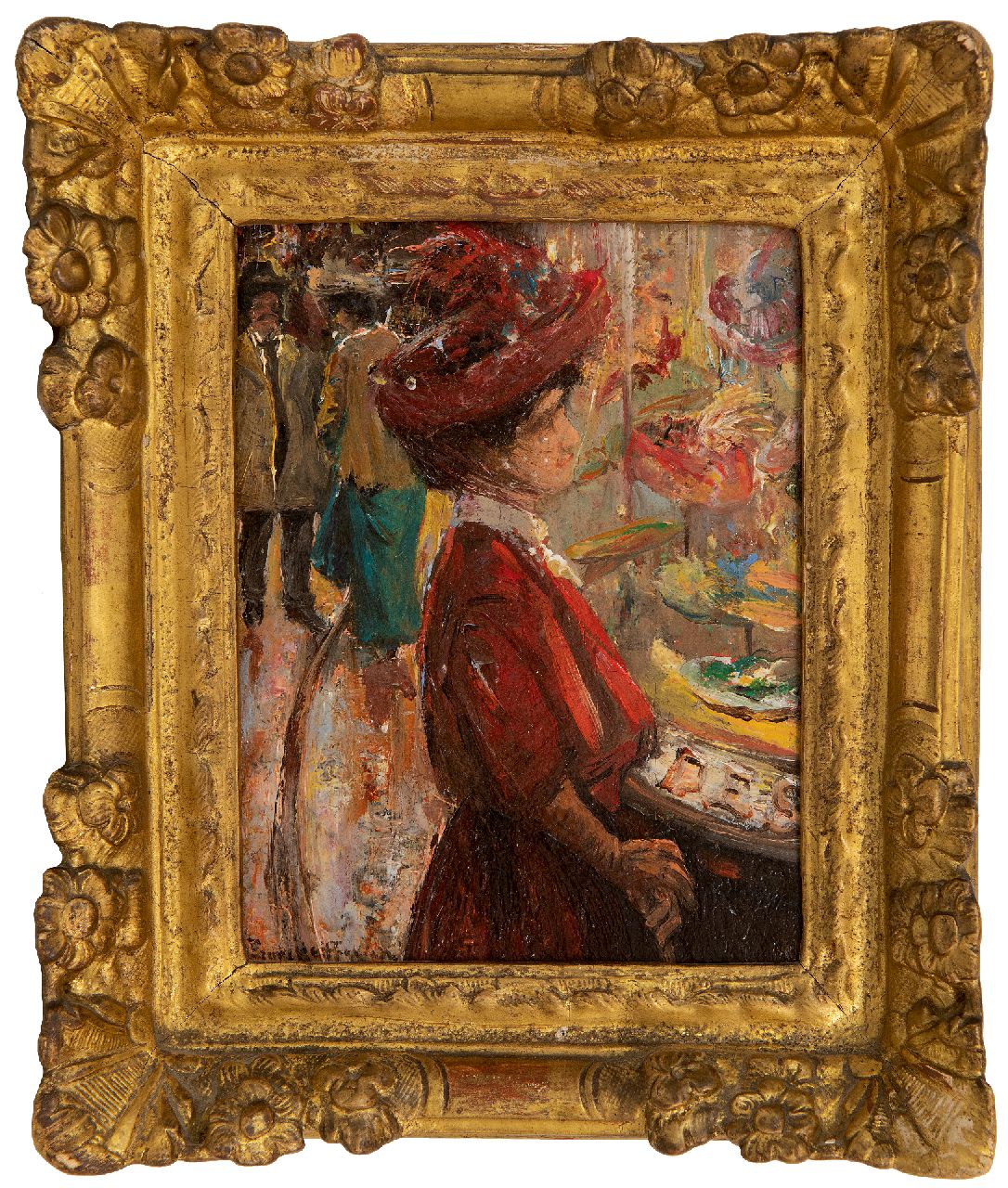 Helfferich F.W. | Franciscus Willem 'Frans' Helfferich | Paintings offered for sale | Elegant lady in front of a hat shop in The Hague, oil on panel 16.0 x 11.8 cm, signed l.l. Helfferich F.W. | Franciscus Willem 'Frans' Helfferich | Paintings offered for sale | Elegant lady in front of a hat shop in The Hague, oil on panel 16.0 x 11.8 cm, signed l.l.