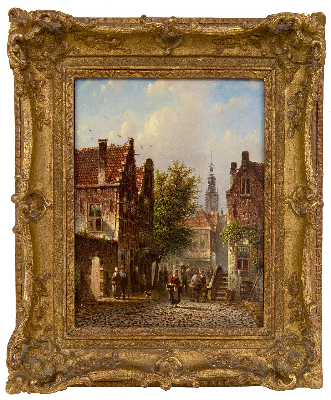 Spohler J.F.  | Johannes Franciscus Spohler | Paintings offered for sale | Town view in summer with the tower of the Bakenesserkerk of Haarlem, oil on panel 20.9 x 15.8 cm, signed l.l.