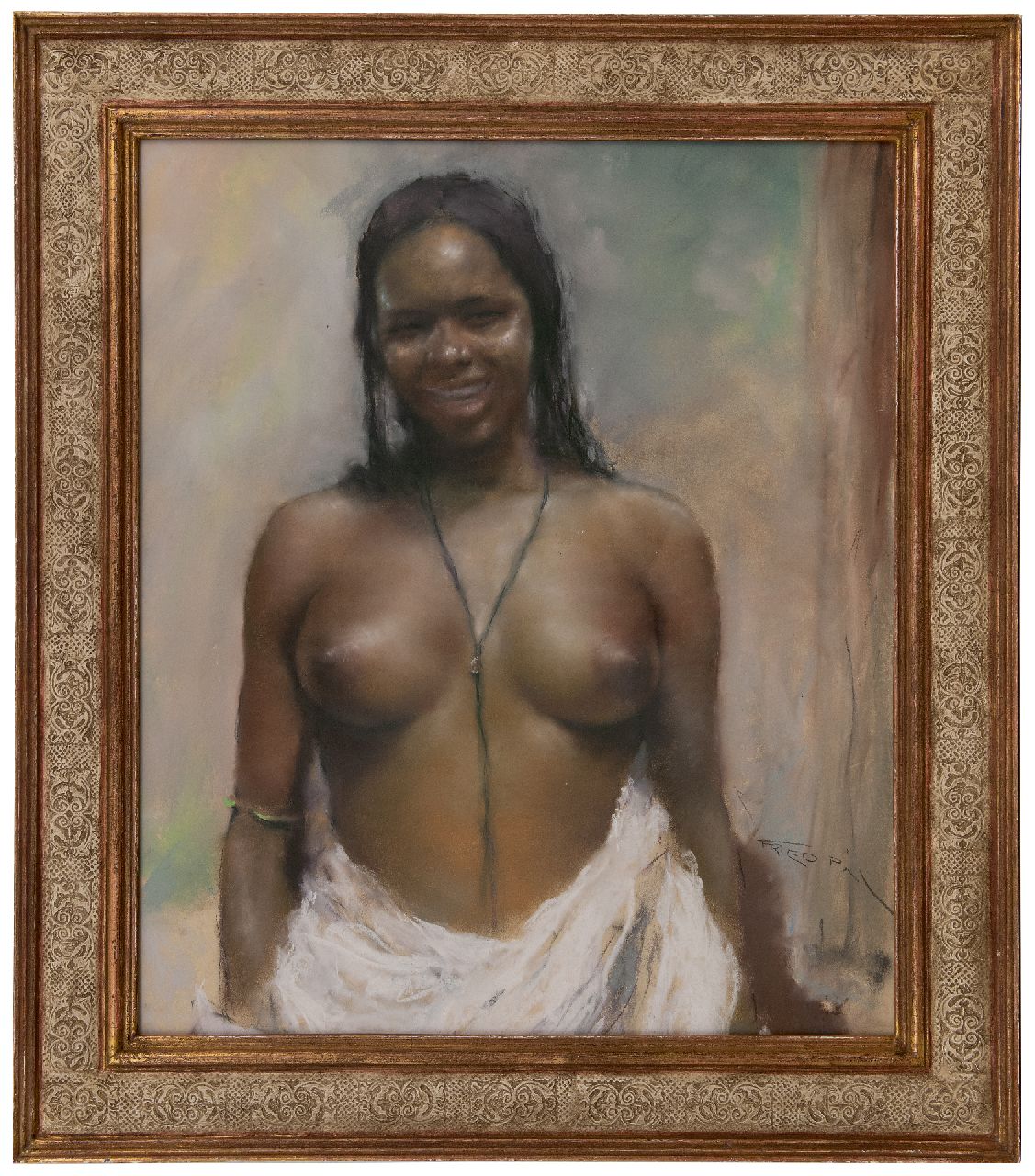 Fried P.  | Pal Fried | Watercolours and drawings offered for sale | Smiling half-naked, pastel on paper 79.9 x 68.4 cm, signed l.r.