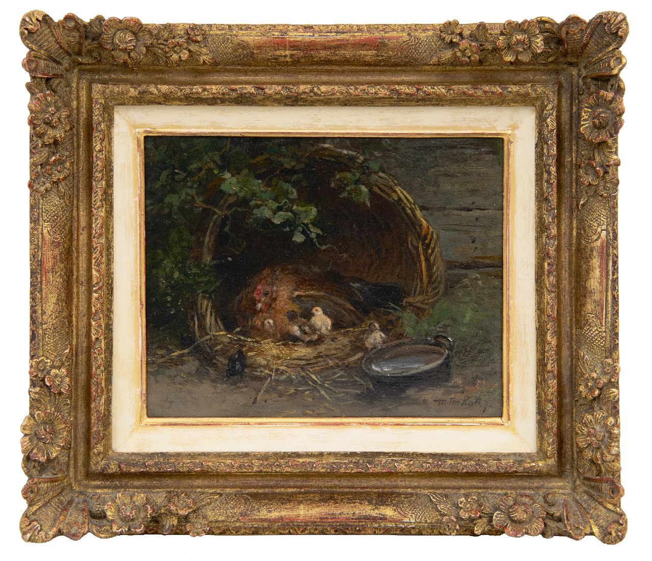 Kate J.M.H. ten | Johan 'Mari' Henri ten Kate | Paintings offered for sale | A hen and chicks in the farmyard, oil on panel 15.5 x 19.7 cm, signed l.r.