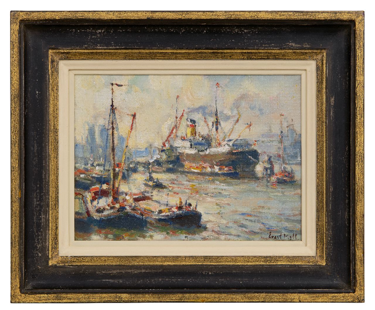 Moll E.  | Evert Moll | Paintings offered for sale | Hafenansicht mit Dampfschiff und Schleppern, oil on canvas 19.4 x 25.2 cm, signed l.r. and without frame