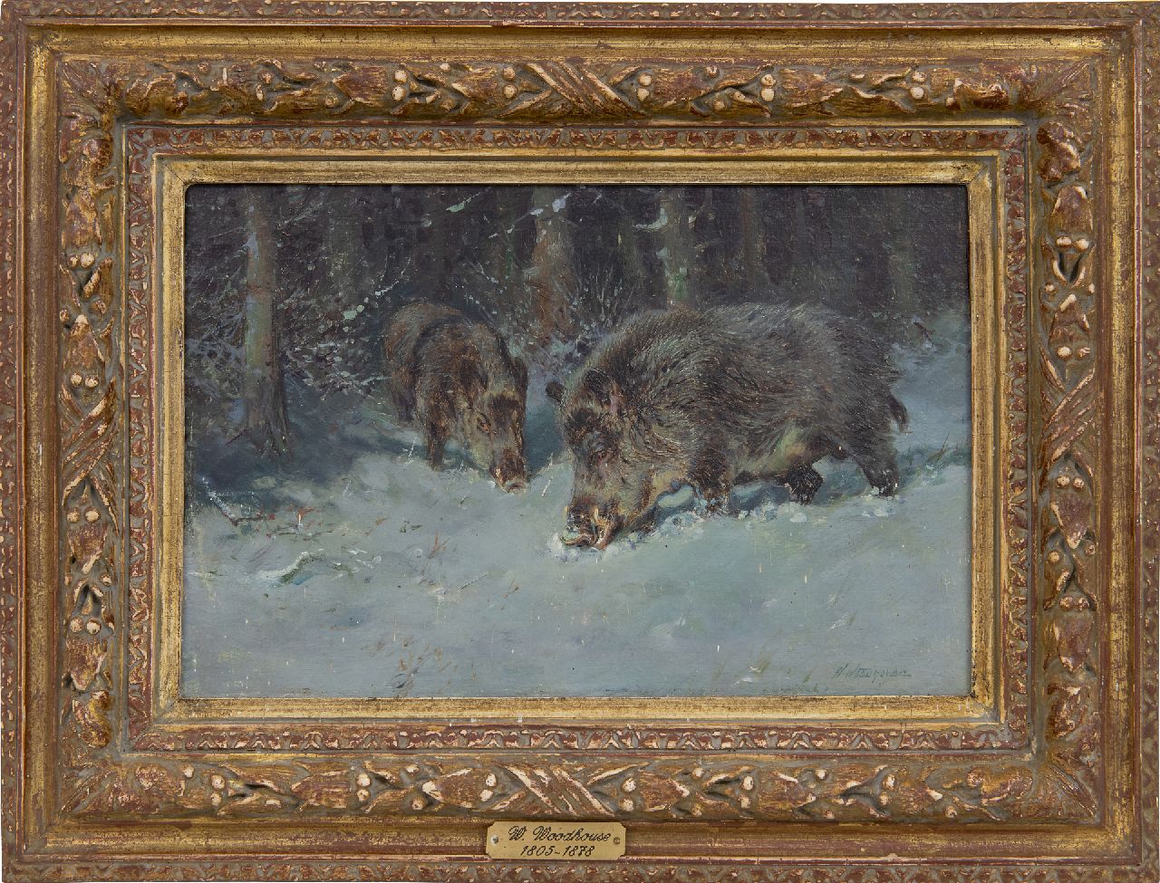 Woodhouse W.  | William Woodhouse | Paintings offered for sale | Two wild boars in the snow, oil on panel 20.0 x 30.0 cm, signed l.r.