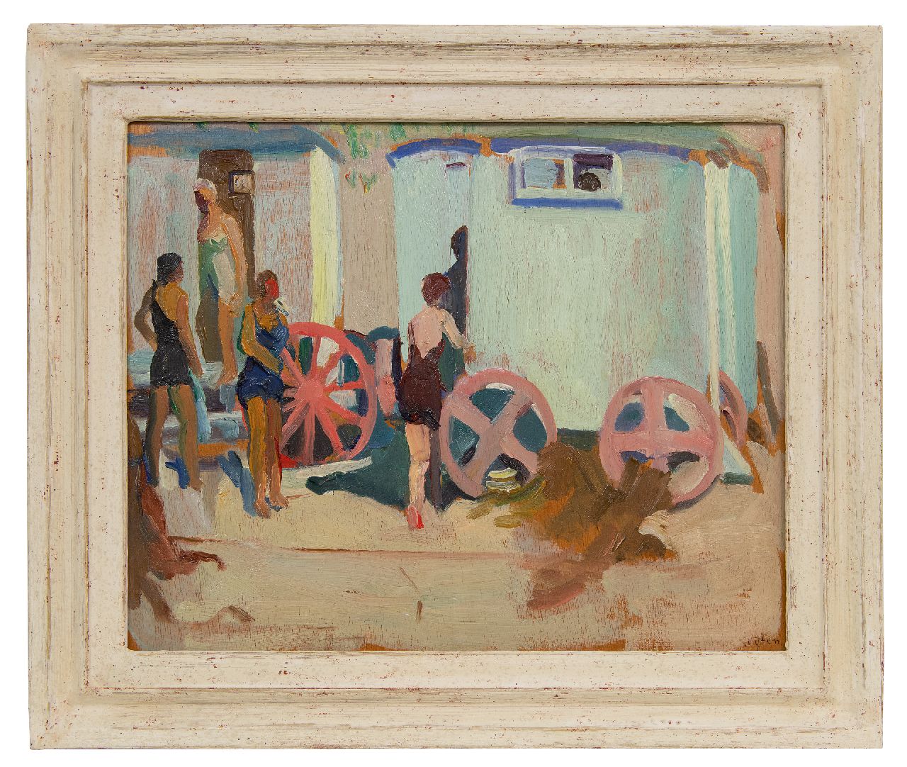 Kuijten H.J.  | Henricus Johannes 'Harrie' Kuijten | Paintings offered for sale | Bath carriages on the beach, oil on panel 32.9 x 40.9 cm, signed l.r. and painted ca. 1917-1925