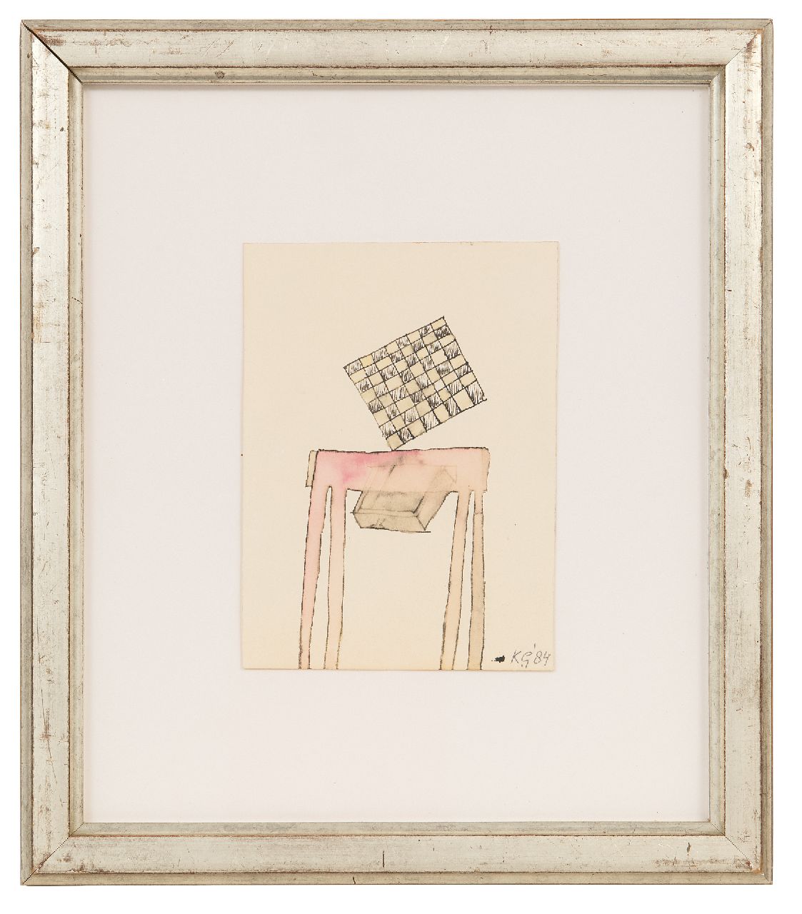 Gubbels K.  | Klaas Gubbels | Watercolours and drawings offered for sale | Chessboard on red table, ink and watercolour on paper 13.6 x 10.0 cm, signed l.r. with initials and dated '84