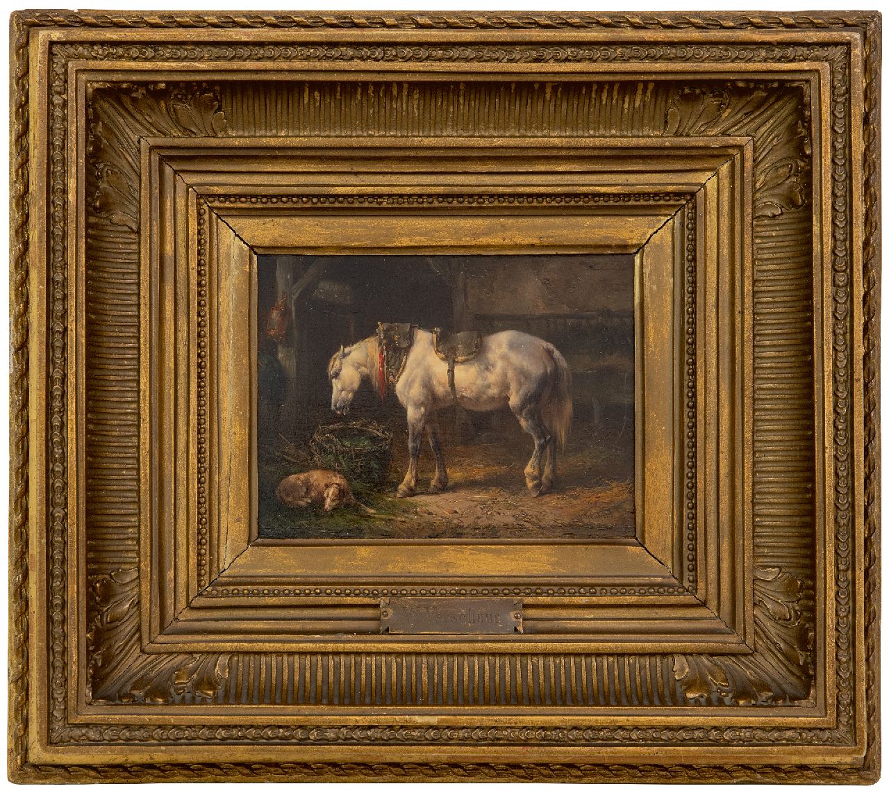 Verschuur W.  | Wouterus Verschuur | Paintings offered for sale | Stable interior with a horse and dog, oil on panel 12.6 x 17.4 cm, signed l.r.