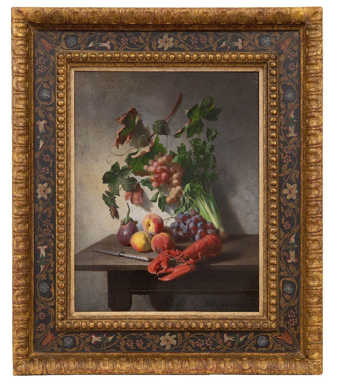 Noter D.E.J. de | 'David' Emile Joseph de Noter | Paintings offered for sale | A still life with fruits, vegetables and a lobster, oil on panel 37.0 x 28.3 cm, signed l.r. Noter D.E.J. de | 'David' Emile Joseph de Noter | Paintings offered for sale | A still life with fruits, vegetables and a lobster, oil on panel 37.0 x 28.3 cm, signed l.r.