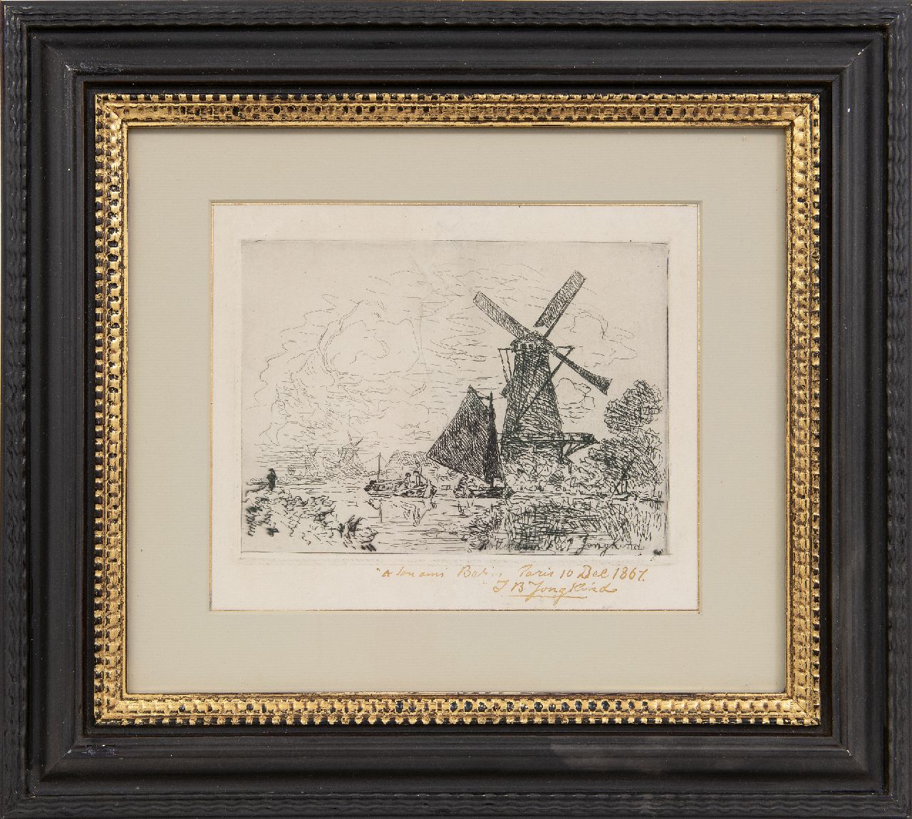 Jongkind J.B.  | Johan Barthold Jongkind | Prints and Multiples offered for sale | Canal near Rotterdam with ships and a windmill, etching on paper 22.0 x 18.5 cm, signed l.r. in the plate and by hand and dated 'Rotterdam' 1861 in de plaat