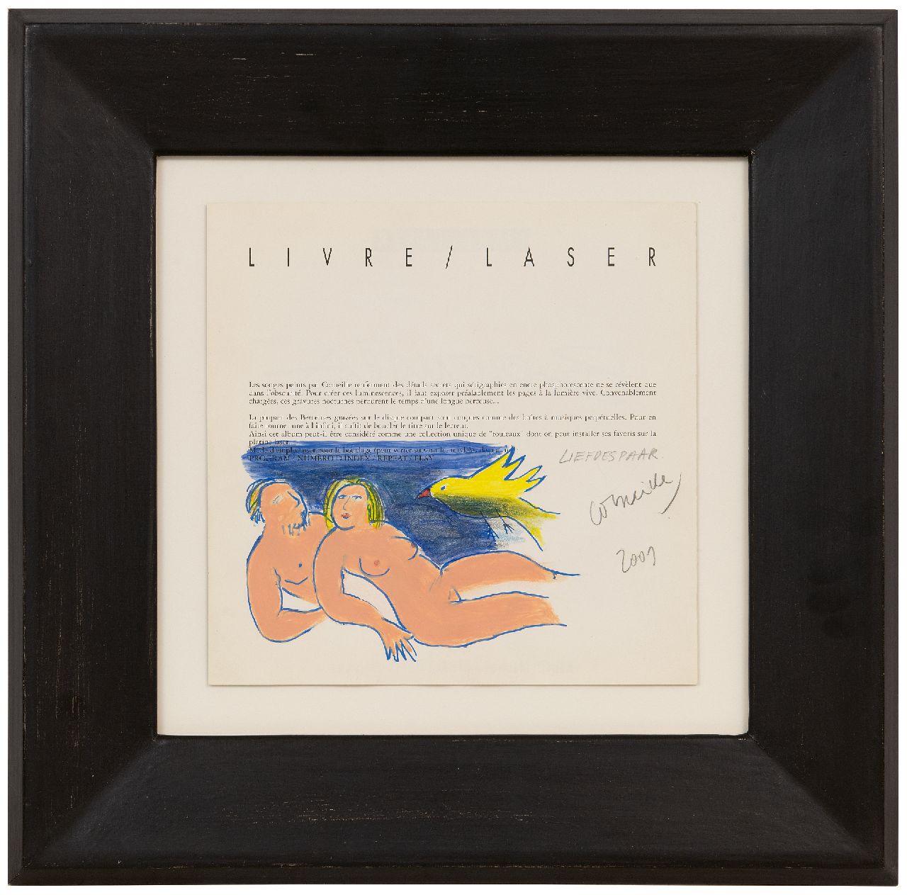 Corneille ('Corneille' Guillaume Beverloo)   | Corneille ('Corneille' Guillaume Beverloo) | Watercolours and drawings offered for sale | Couple (painted on page 2 of cd-booklet Livre/Laser 'Berceuses'), gouache and chalk on paper 24.9 x 25.1 cm, signed l.r. and dated 2001