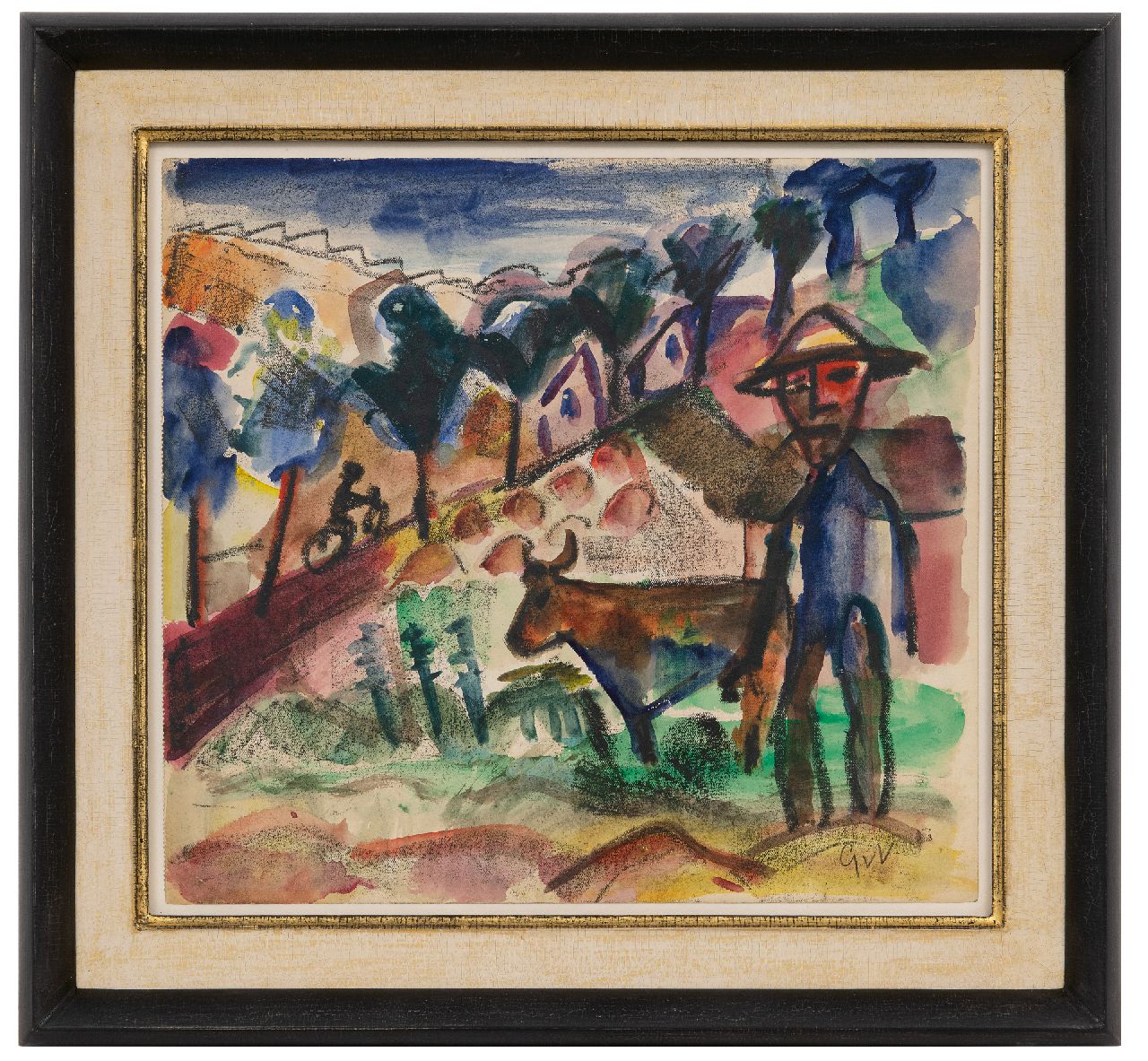 Velde G. van | Gerardus 'Geer' van Velde | Watercolours and drawings offered for sale | Farmer with cow in a landscape, crayon and watercolour on paper 28.6 x 31.2 cm, signed l.r. with initials