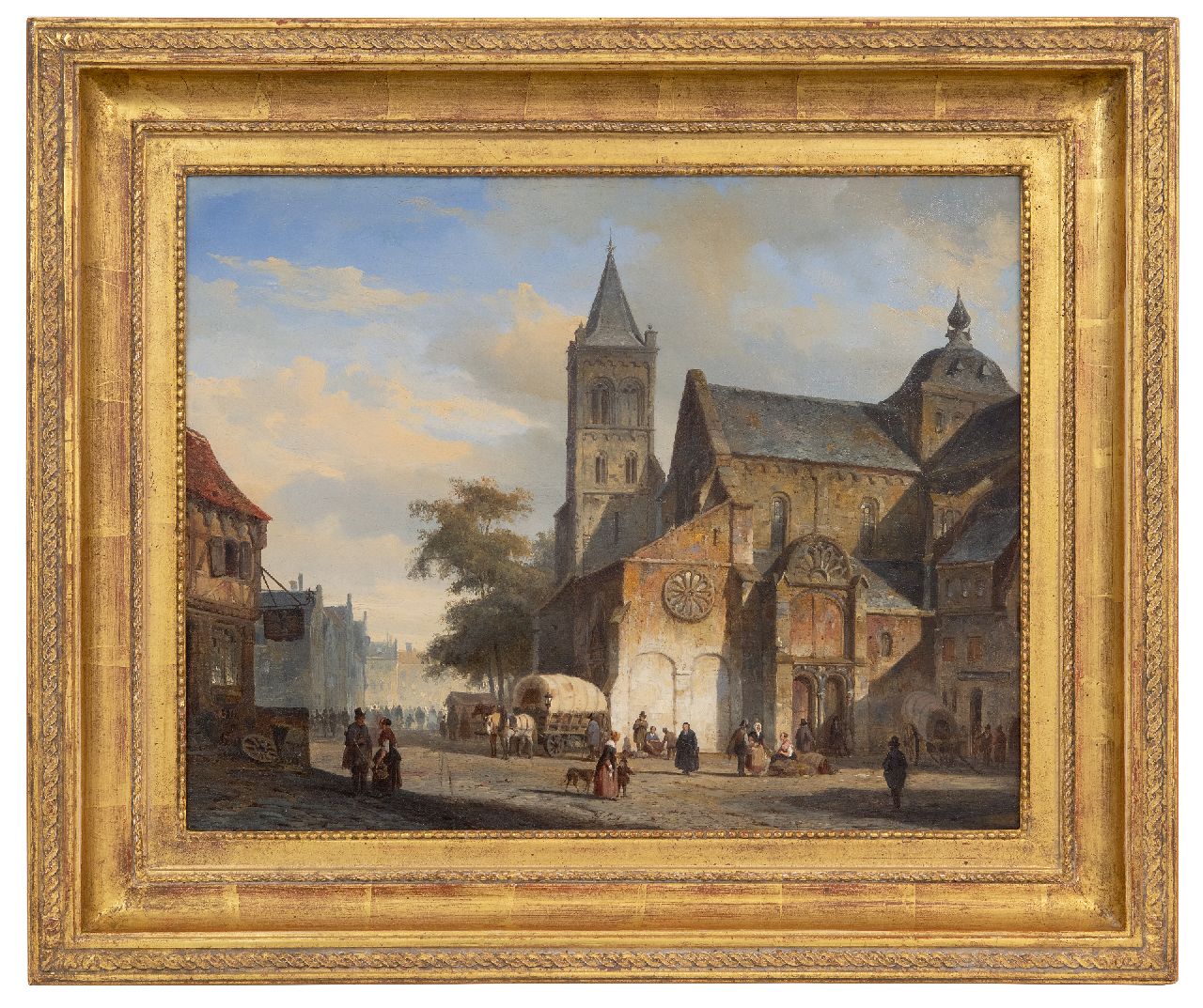 Springer C. | Cornelis Springer | Paintings offered for sale | Dutch town square with church and covered wagon, oil on canvas 36.5 x 46.0 cm, signed l.l. with monogram and dated '44 Springer C. | Cornelis Springer | Paintings offered for sale | Dutch town square with church and covered wagon, oil on canvas 36.5 x 46.0 cm, signed l.l. with monogram and dated '44