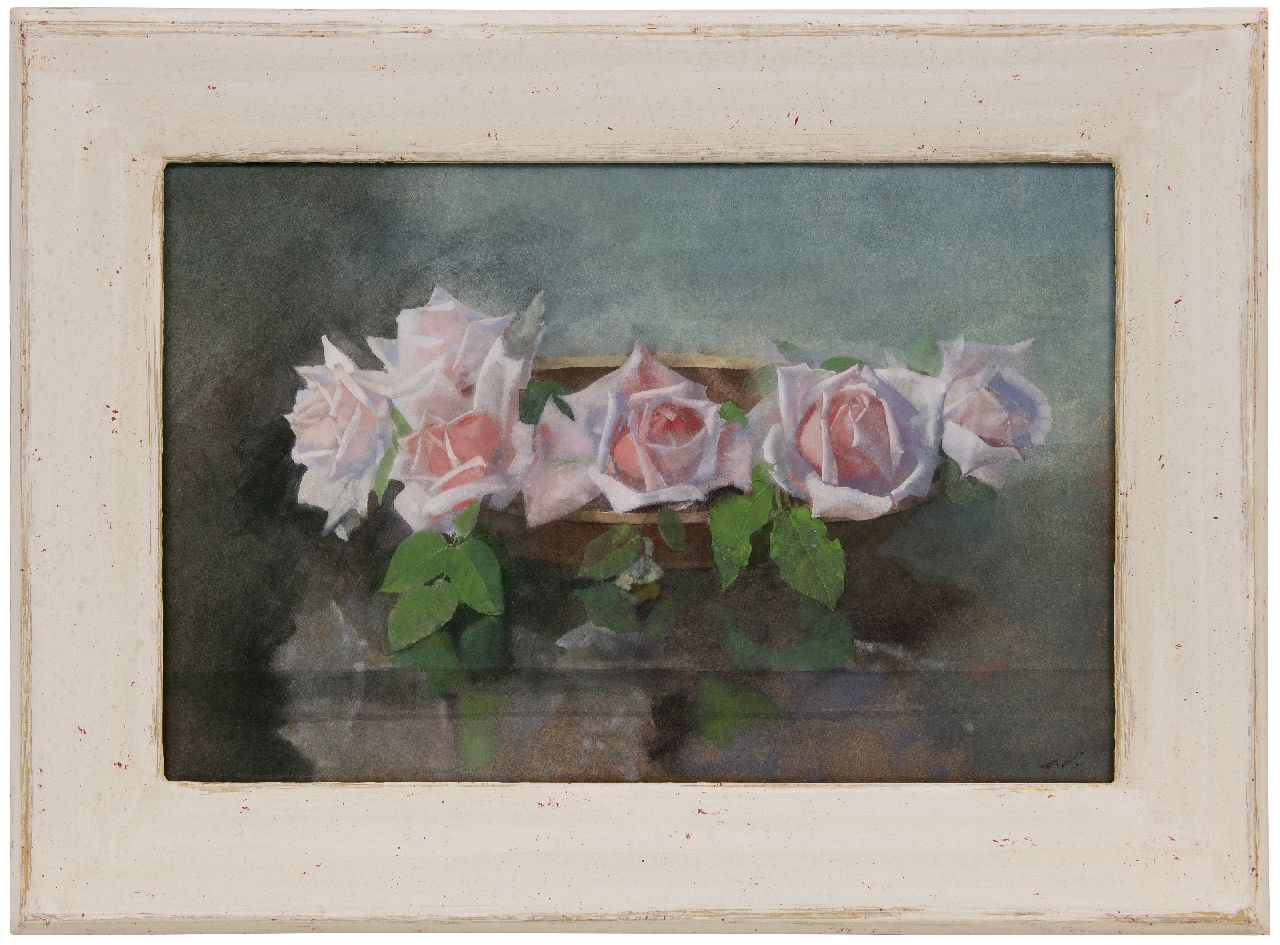 Voerman sr. J. | Jan Voerman sr. | Watercolours and drawings offered for sale | Bowl with 'La France' roses, watercolour on paper 33.2 x 50.0 cm, signed l.r. with initials Voerman sr. J. | Jan Voerman sr. | Watercolours and drawings offered for sale | Bowl with 'La France' roses, watercolour on paper 33.2 x 50.0 cm, signed l.r. with initials