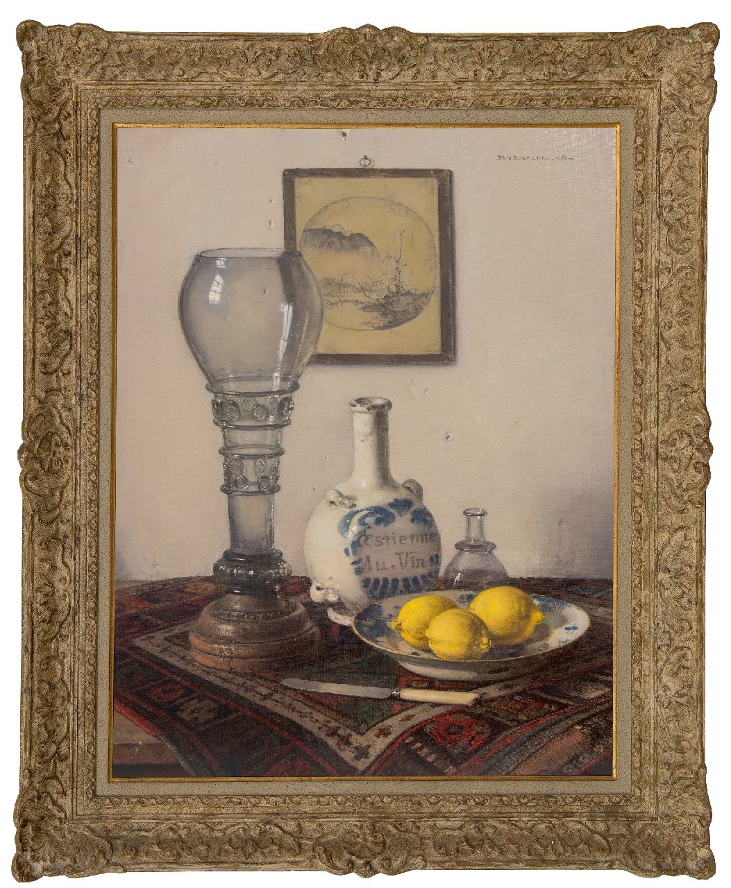 Bogaerts J.J.M.  | Johannes Jacobus Maria 'Jan' Bogaerts | Paintings offered for sale | Still life with roemer, stone jug, and plate of lemons, oil on canvas 72.8 x 56.4 cm, signed u.r. and dated 1953