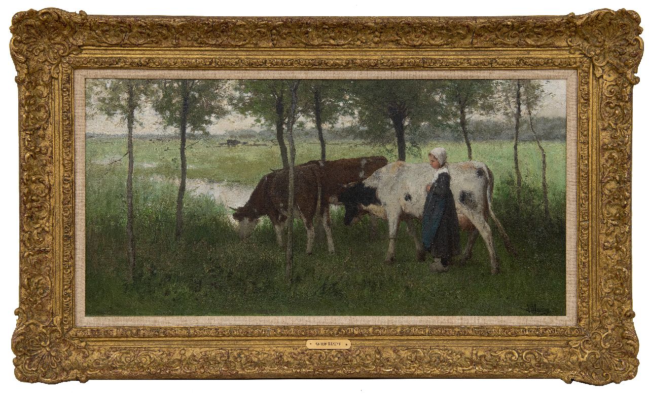 Mauve A.  | Anthonij 'Anton' Mauve | Paintings offered for sale | A young cowherd with her cows, oil on canvas 35.4 x 69.8 cm, signed l.r. and painted ca. 1876