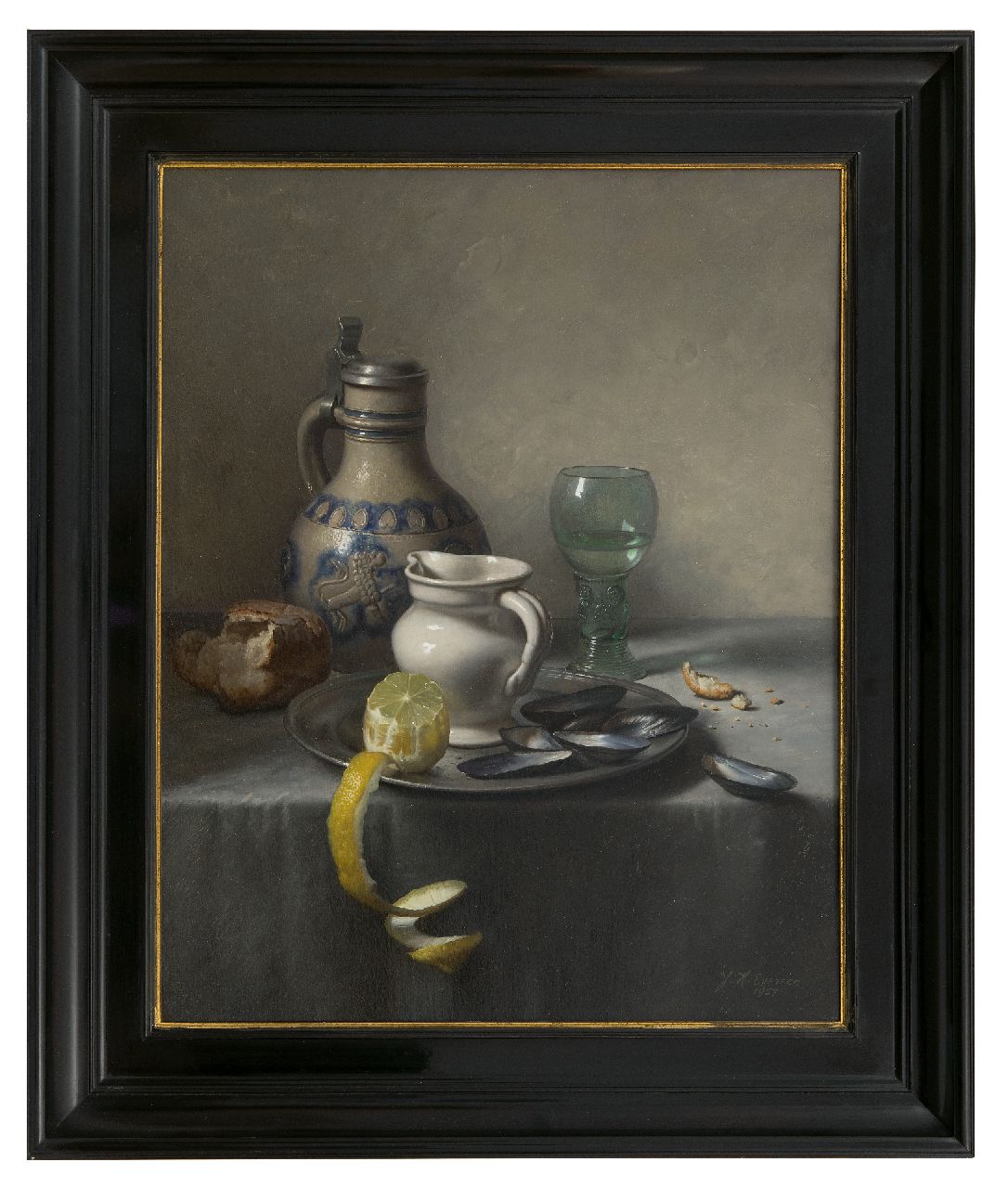 Eversen J.H.  | Johannes Hendrik 'Jan' Eversen | Paintings offered for sale | Still Life with Roemer, lemon and mussels, oil on canvas 50.8 x 40.9 cm, signed l.r. and dated 1957 Eversen J.H.  | Johannes Hendrik 'Jan' Eversen | Paintings offered for sale | Still Life with Roemer, lemon and mussels, oil on canvas 50.8 x 40.9 cm, signed l.r. and dated 1957