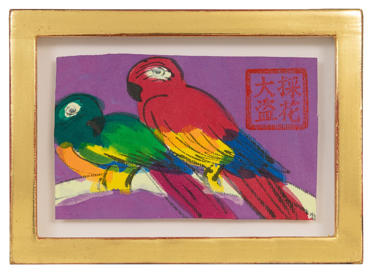 Ting W. | Walasse Ting | offered for sale | Parrots, felt-tip pen, ink and gouache on paper) - ( 9.5 x 15.0 cm, signed u.r. with the artist's stamp Ting W. | Walasse Ting | offered for sale | Parrots, felt-tip pen, ink and gouache on paper) - ( 9.5 x 15.0 cm, signed u.r. with the artist's stamp
