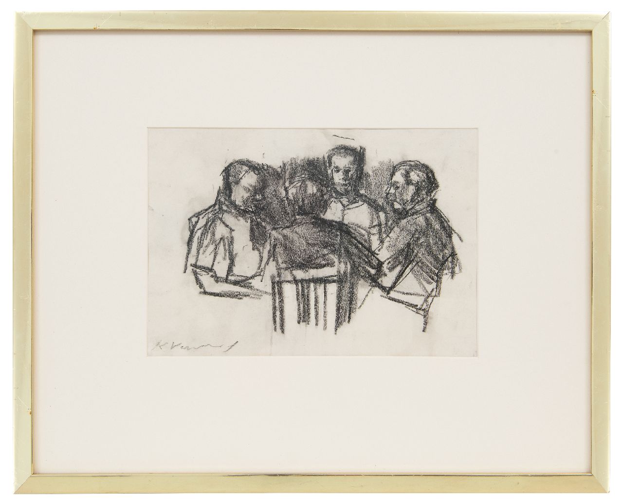 Verwey K.  | Kees Verwey | Watercolours and drawings offered for sale | Men playing cards, black chalk on paper 16.8 x 24.2 cm, signed l.l.