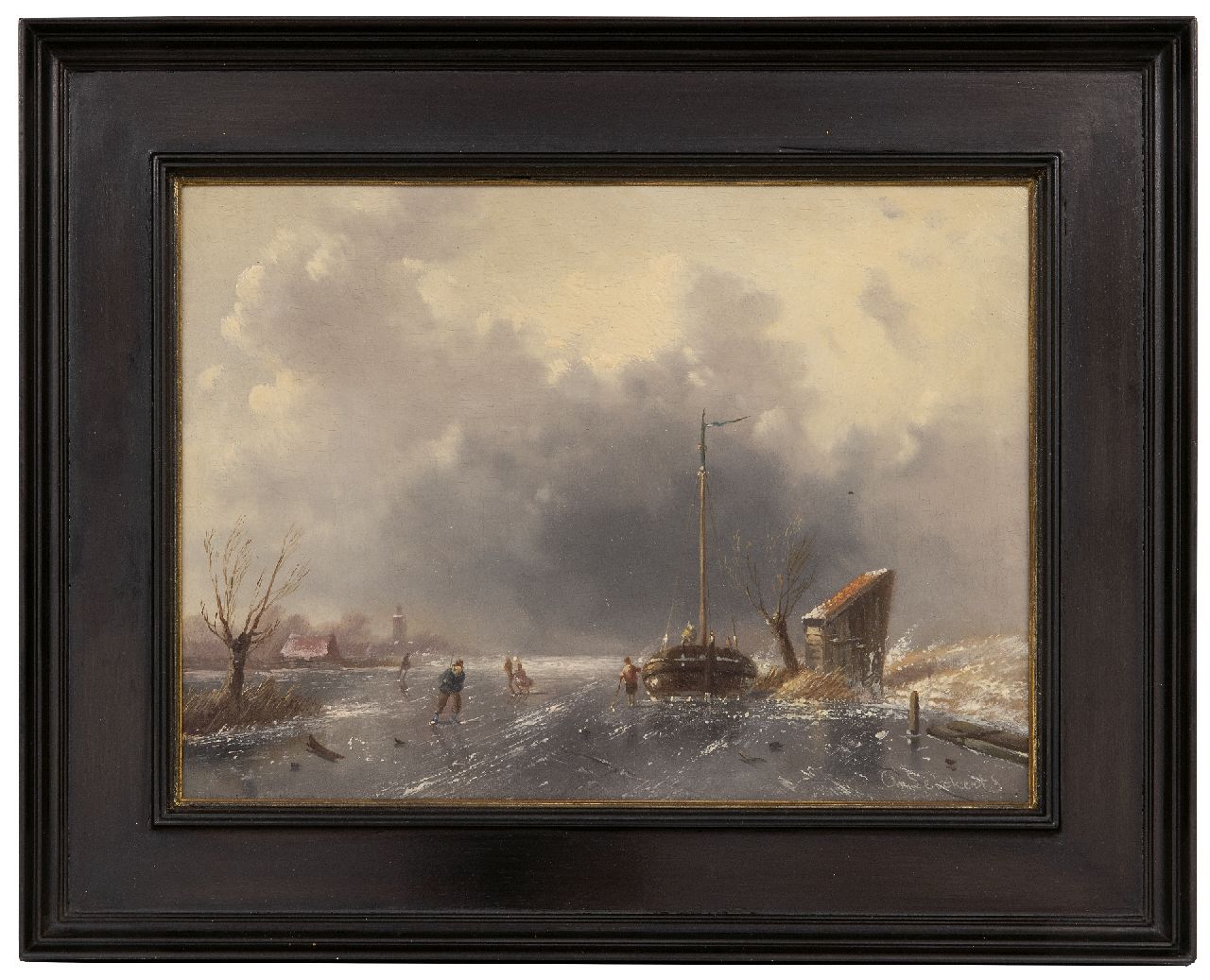 Leickert C.H.J.  | 'Charles' Henri Joseph Leickert | Paintings offered for sale | Skaters in an approaching snowstorm, oil on panel 18.6 x 25.8 cm, signed l.r.