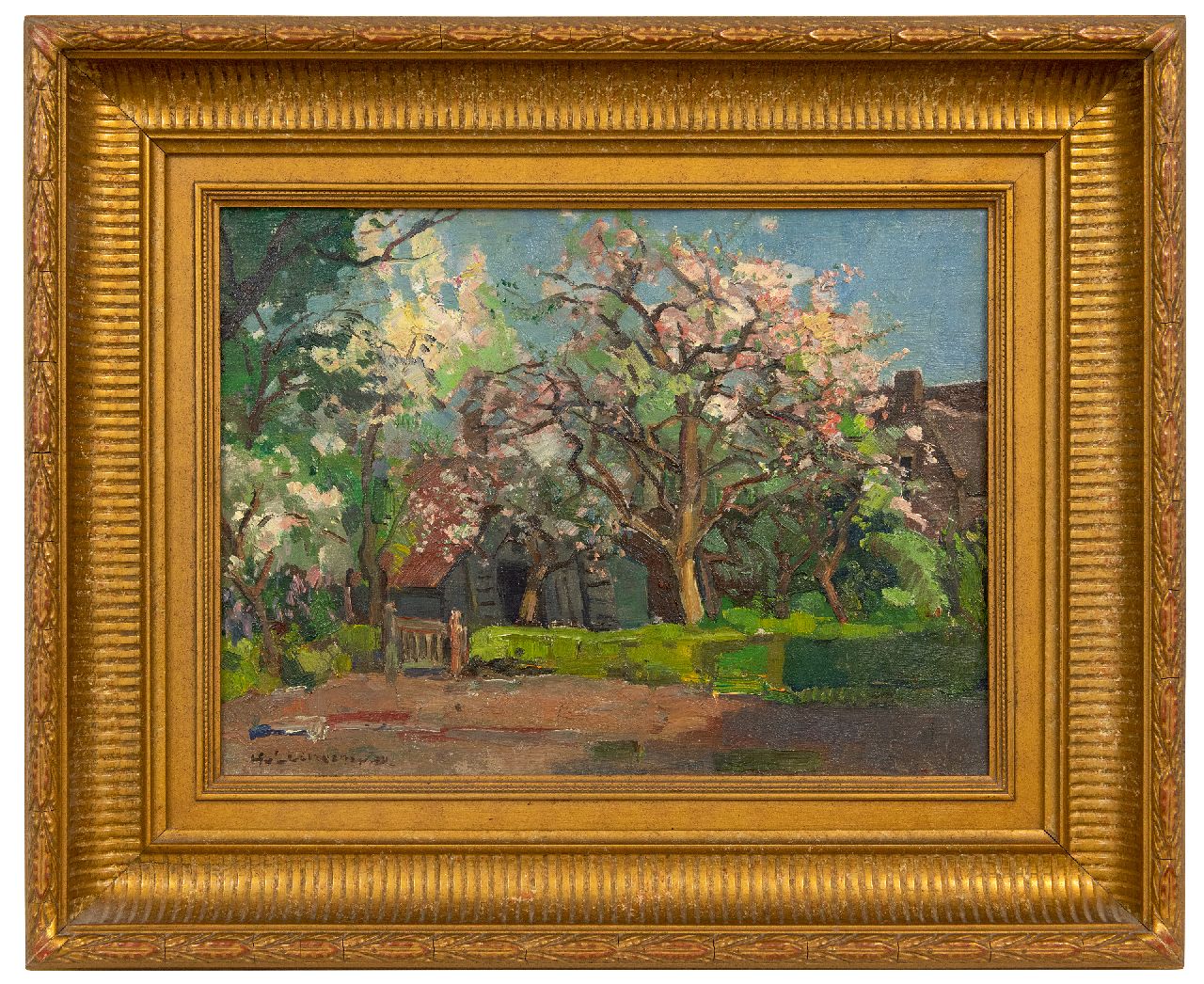 Leeuwen H. van | Hendrik 'Henk' van Leeuwen | Paintings offered for sale | Blossom trees by a farm, oil on canvas 30.2 x 40.4 cm, signed l.l.